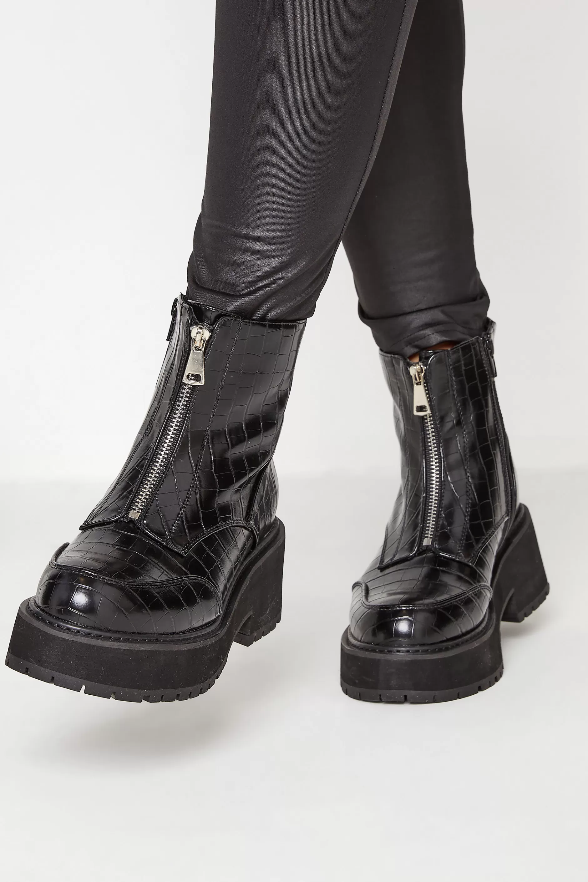 Women M&Co Boots>Limited Collection Black Croc Leather Look Zip Chunky Boots In Wide E Fit