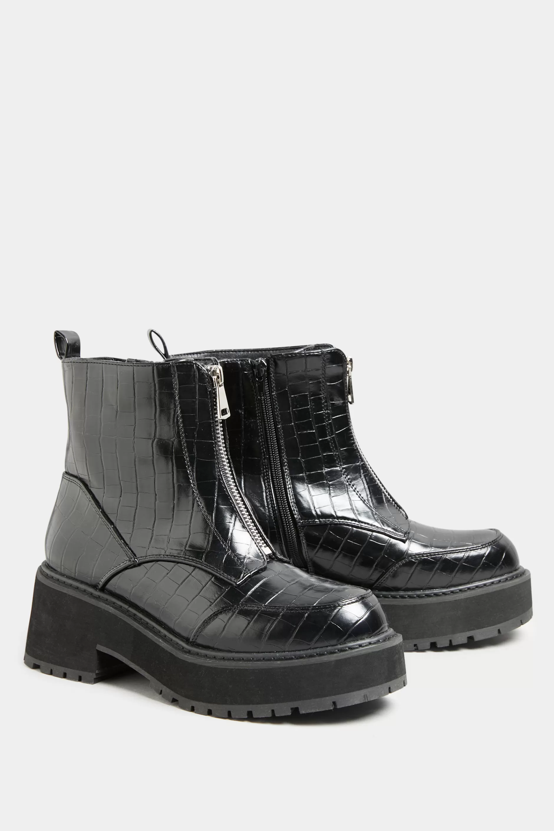 Women M&Co Boots>Limited Collection Black Croc Leather Look Zip Chunky Boots In Wide E Fit
