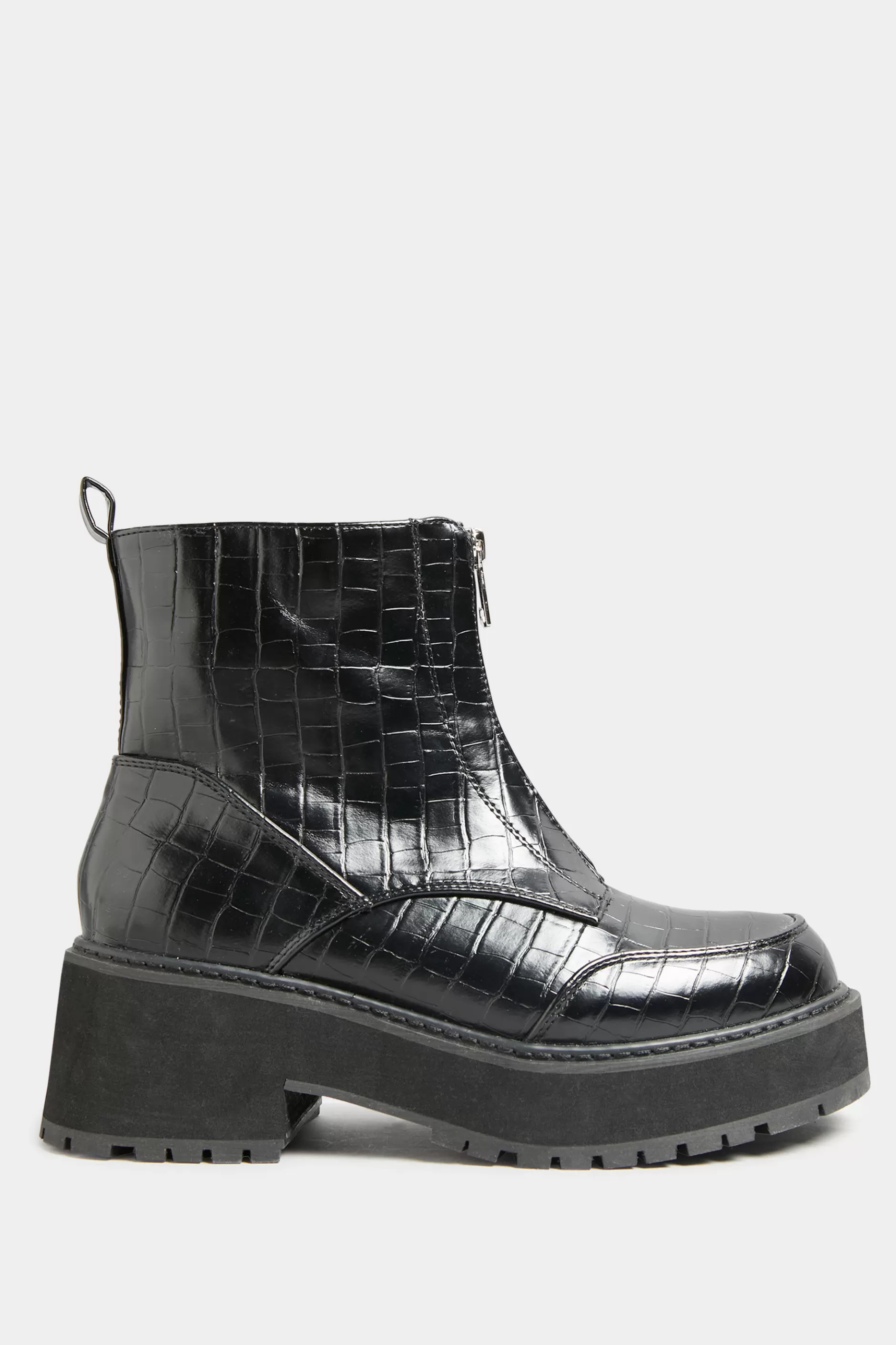 Women M&Co Boots>Limited Collection Black Croc Leather Look Zip Chunky Boots In Wide E Fit