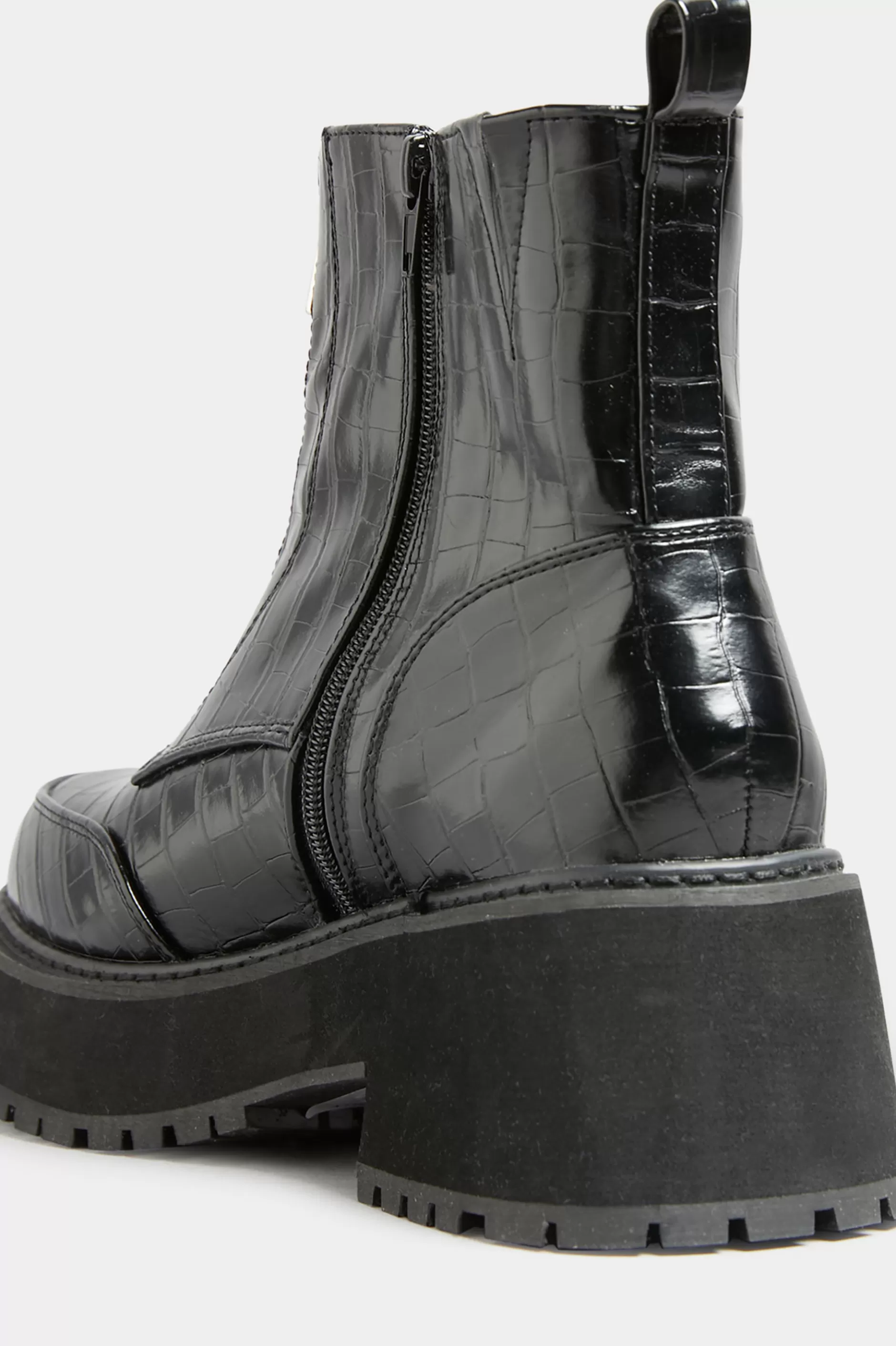 Women M&Co Boots>Limited Collection Black Croc Leather Look Zip Chunky Boots In Wide E Fit