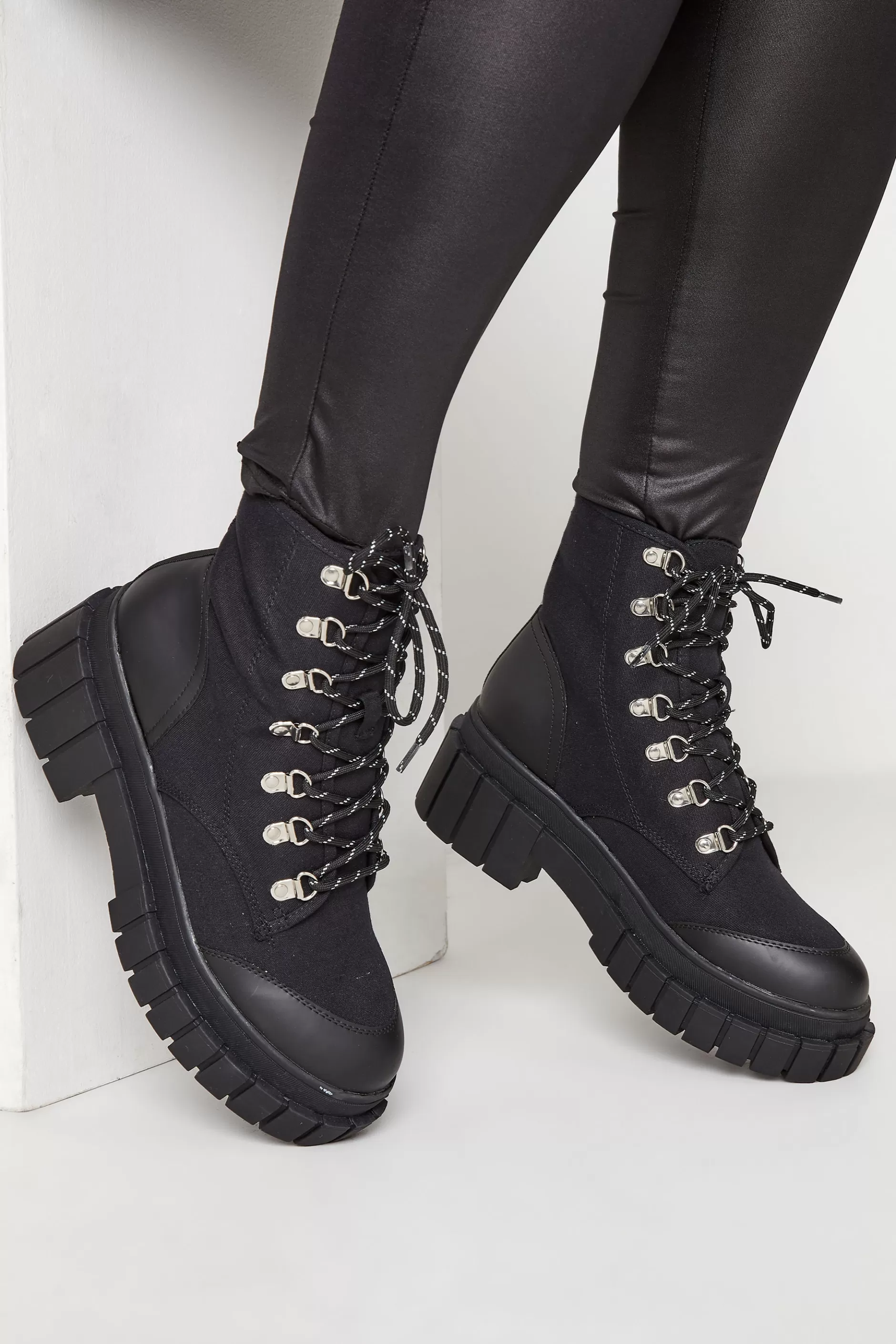 Women M&Co Boots>Limited Collection Limited Collection Black Canvas Chunky Combat Boots In Wide E Fit