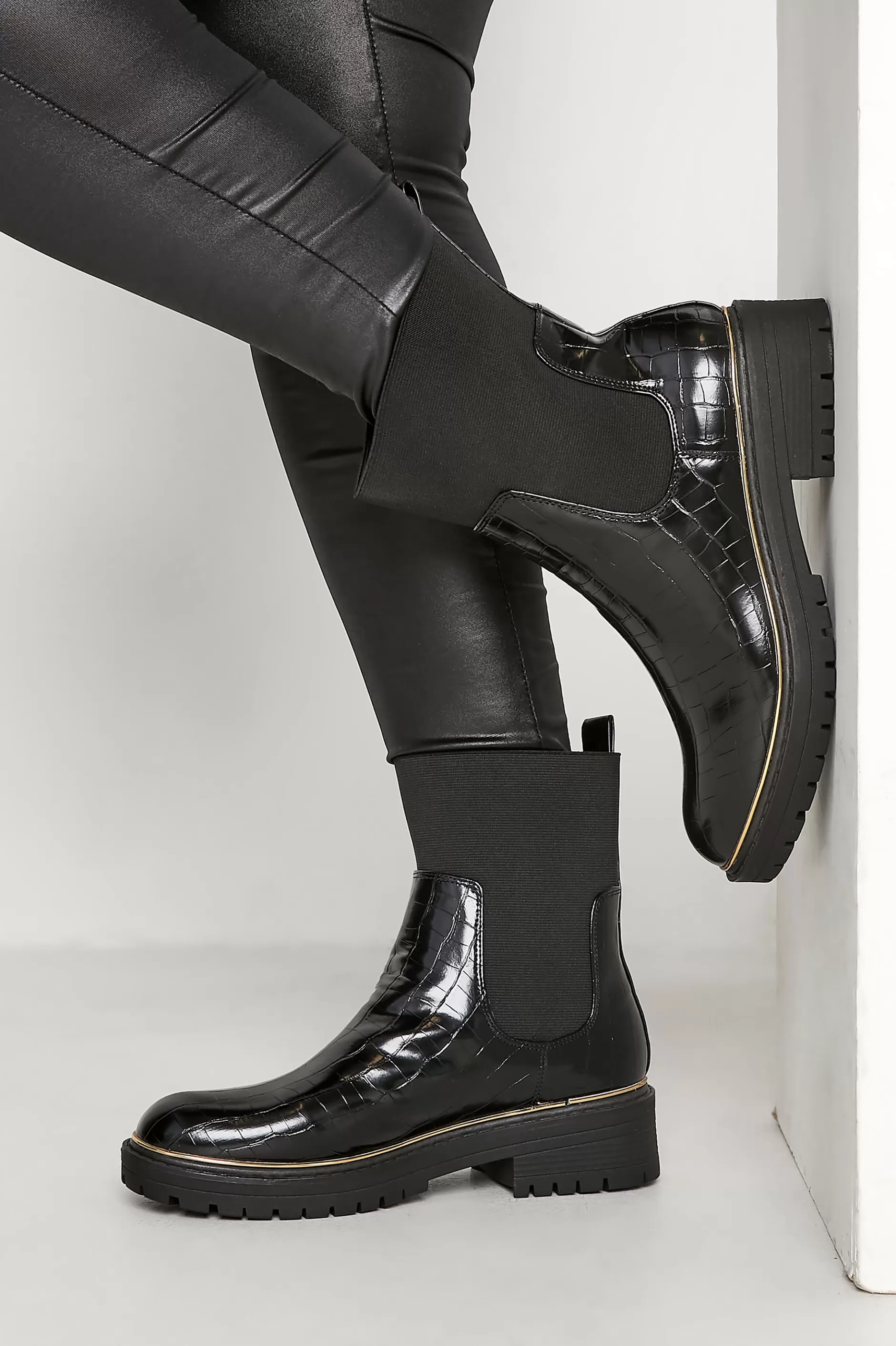 Women M&Co Boots>Limited Collection Limited Collection Black Croc Leather Look Ankle Boots In Standard Fit