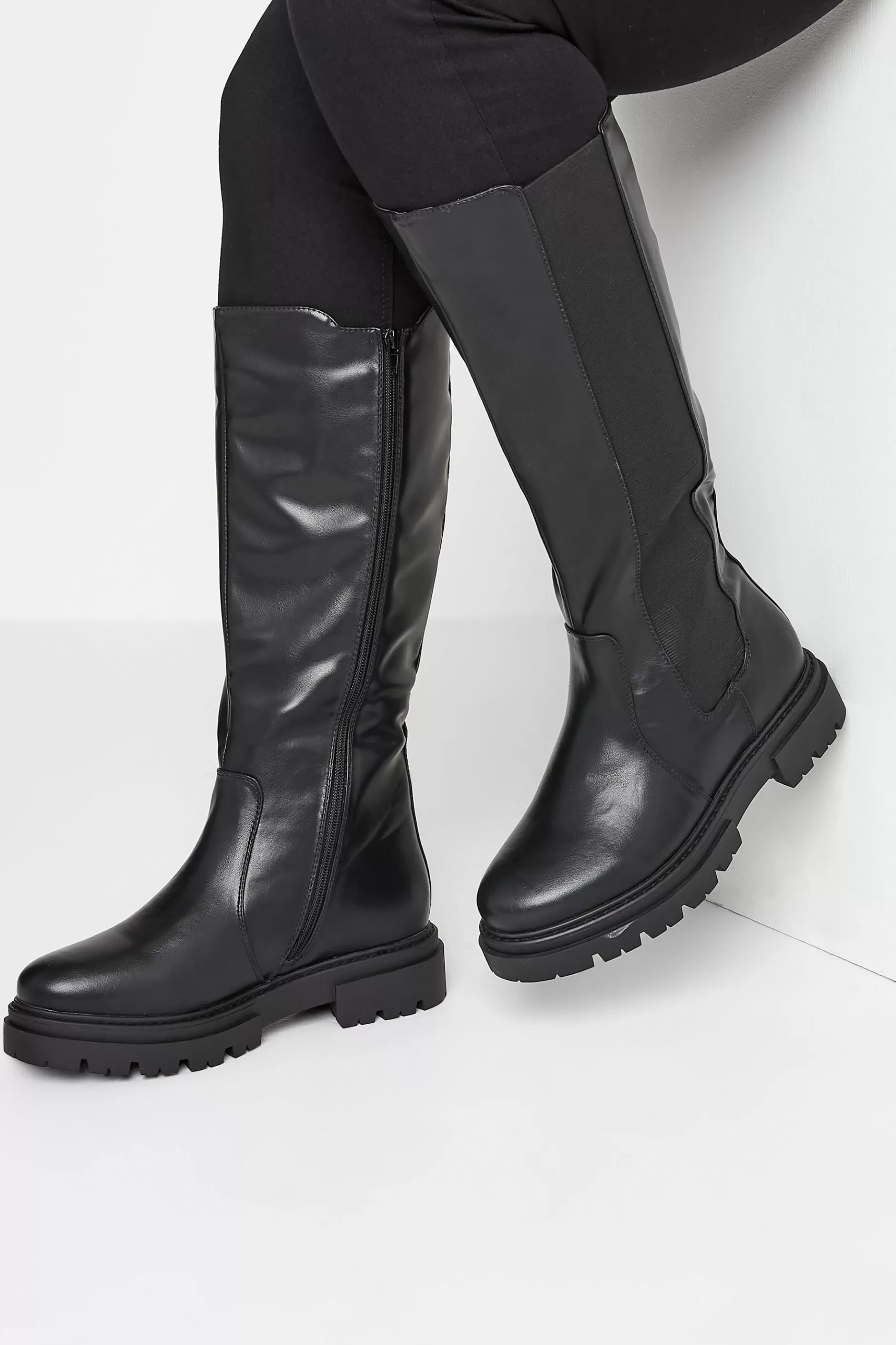 Women M&Co Boots>Limited Collection Limited Collection Black Elasticated Knee High Cleated Boots In Wide E Fit & Extra Wide Eee Fit