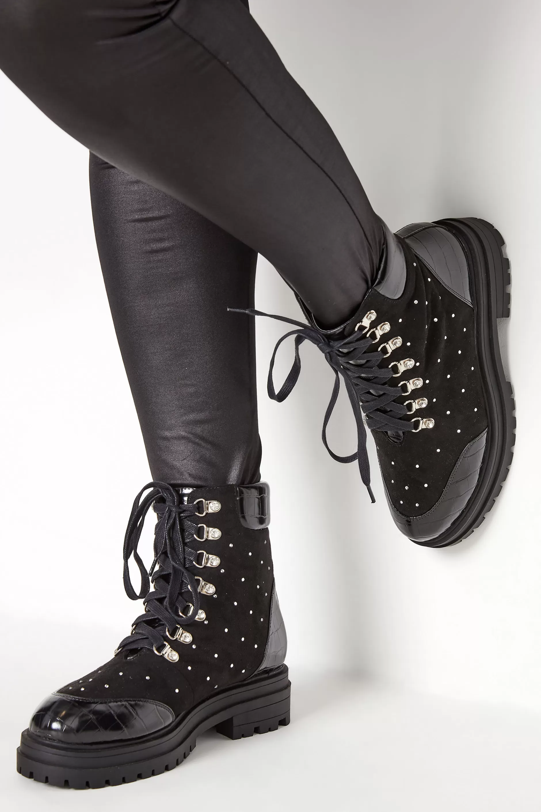 Women M&Co Boots>Limited Collection Limited Collection Black Faux Suede Diamante Stud Lace Up Boots In Extra Wide Eee Fit