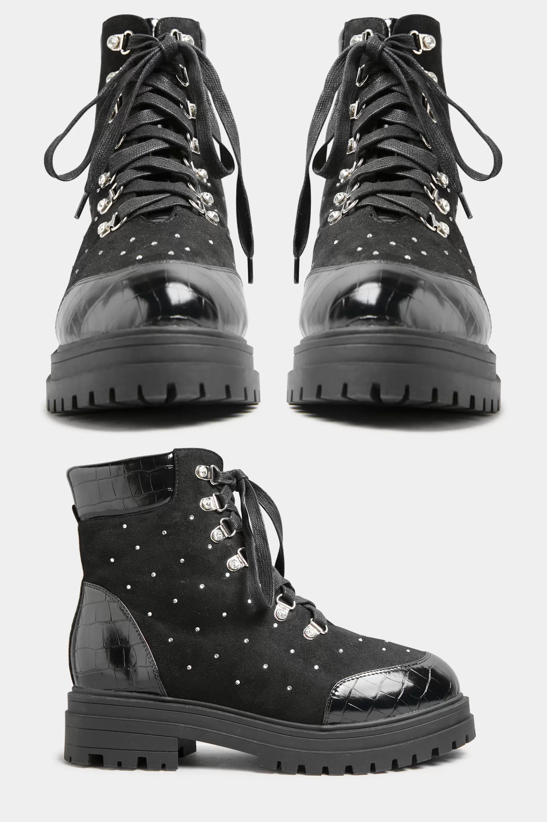 Women M&Co Boots>Limited Collection Limited Collection Black Faux Suede Diamante Stud Lace Up Boots In Extra Wide Eee Fit