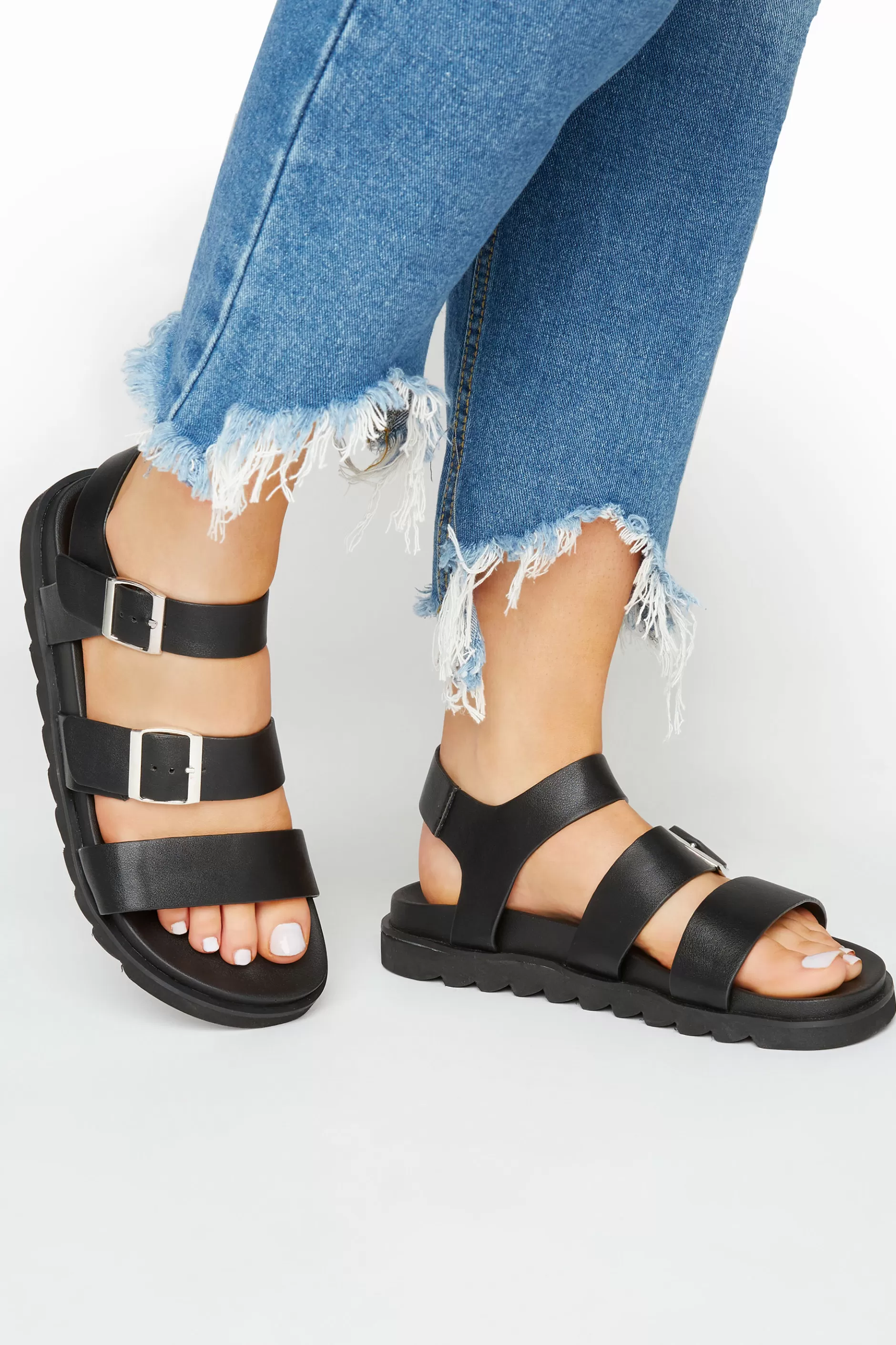 Women M&Co Flat Shoes>Limited Collection Limited Collection Black Footbed Buckle Sandals In Extra Wide Eee Fit