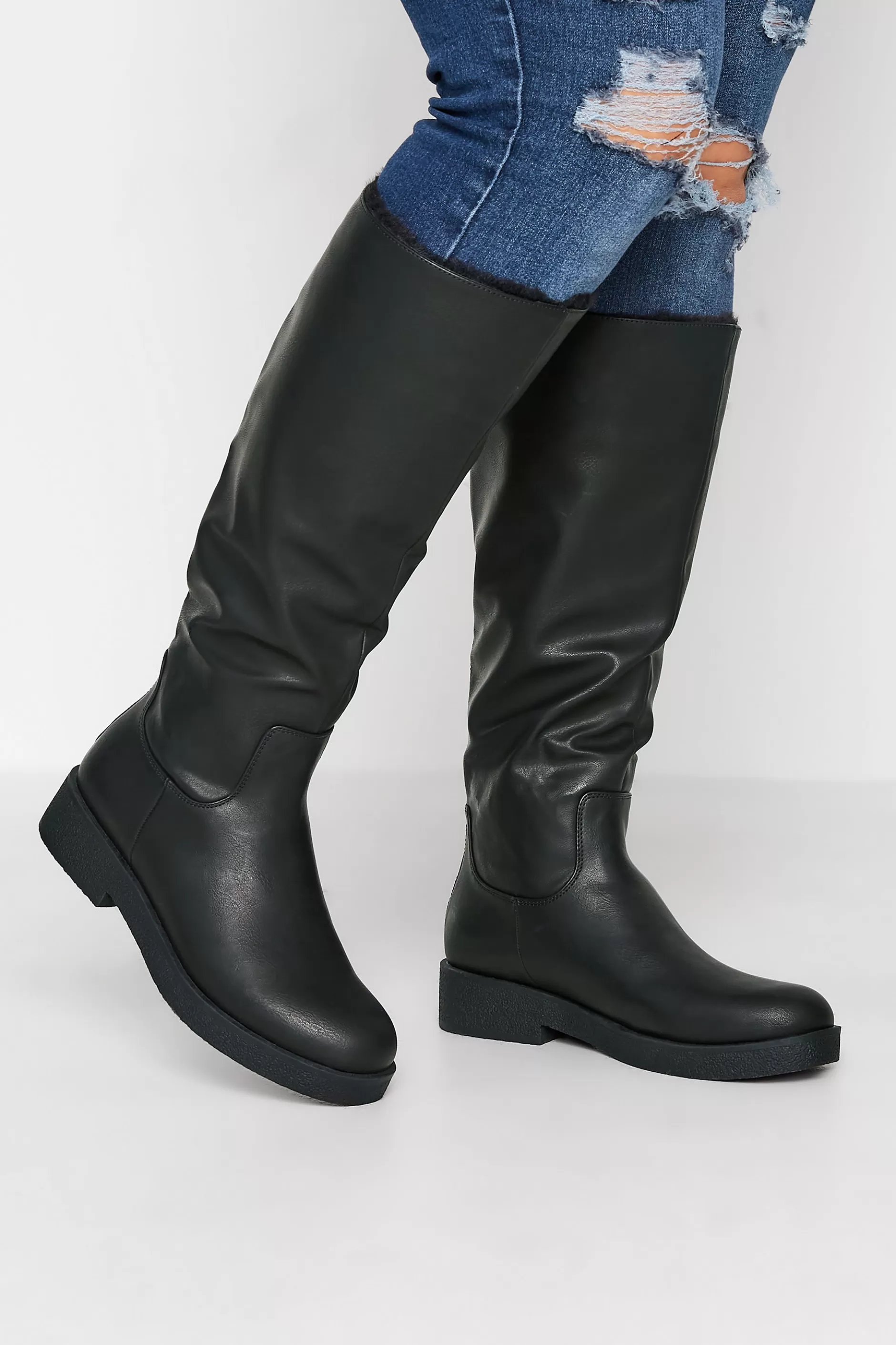 Women M&Co Boots>Limited Collection Limited Collection Black Fur Lined Knee High Boots In Wide E Fit