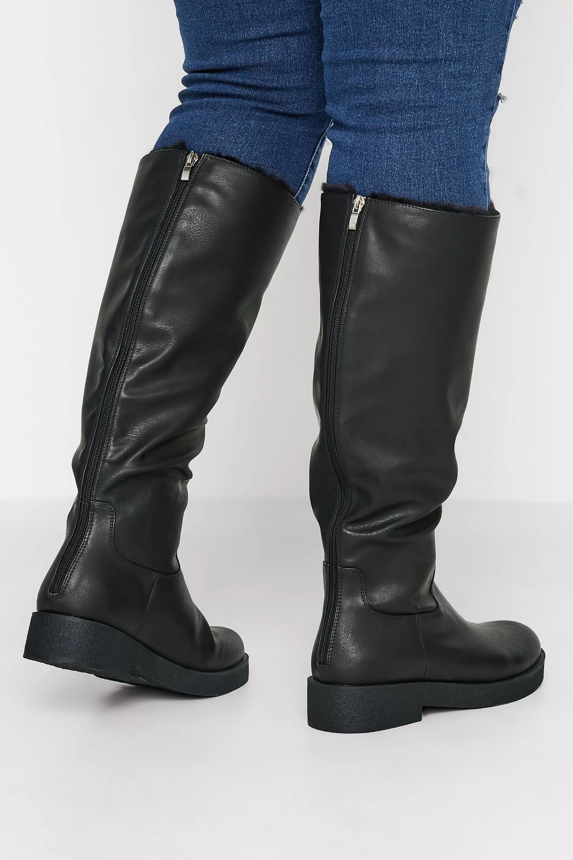 Women M&Co Boots>Limited Collection Limited Collection Black Fur Lined Knee High Boots In Wide E Fit