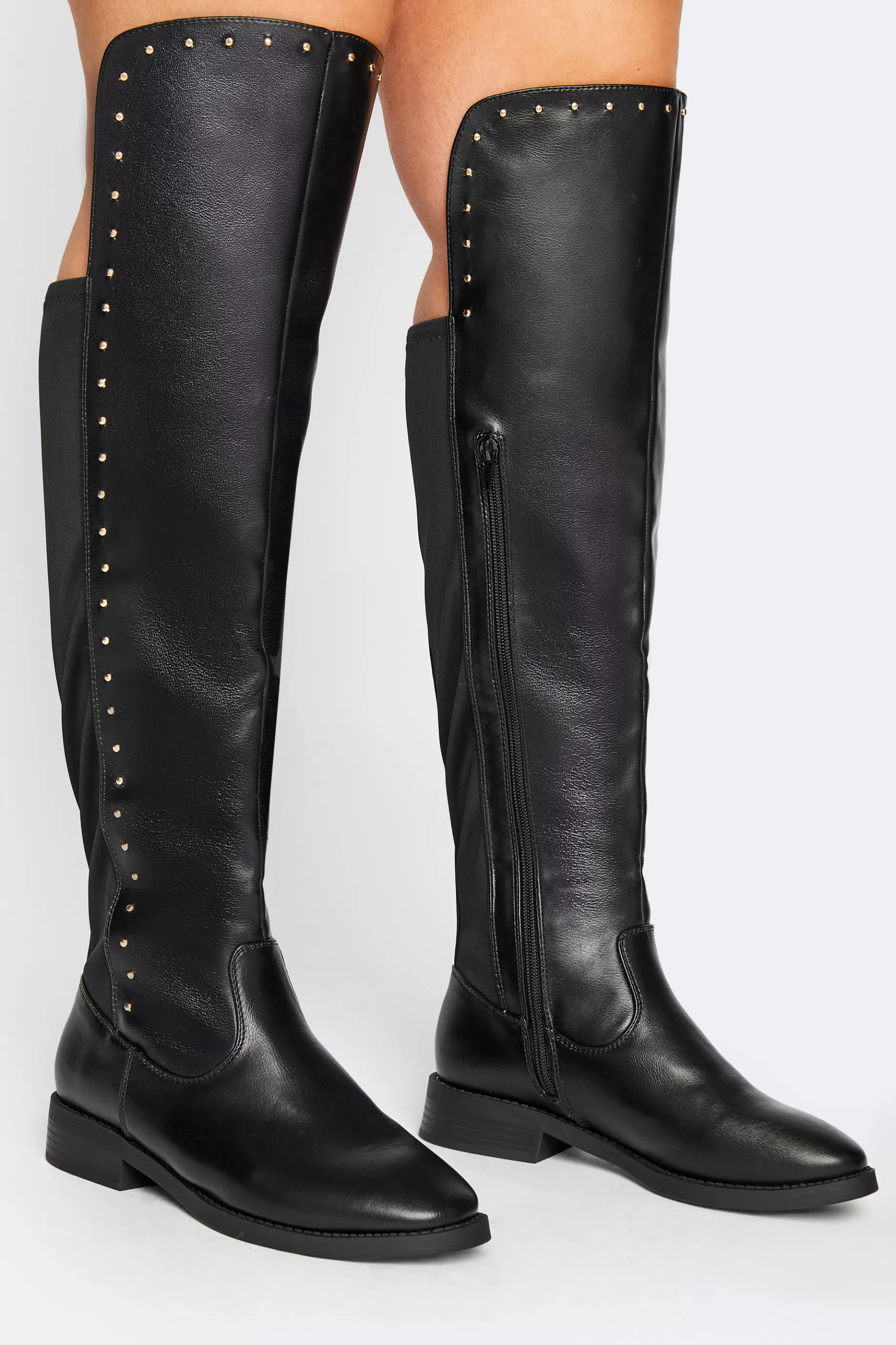 Women M&Co Boots>Limited Collection Limited Collection Black Pu Stud Over The Knee Boots In Wide E Fit & Extra Wide Eee Fit