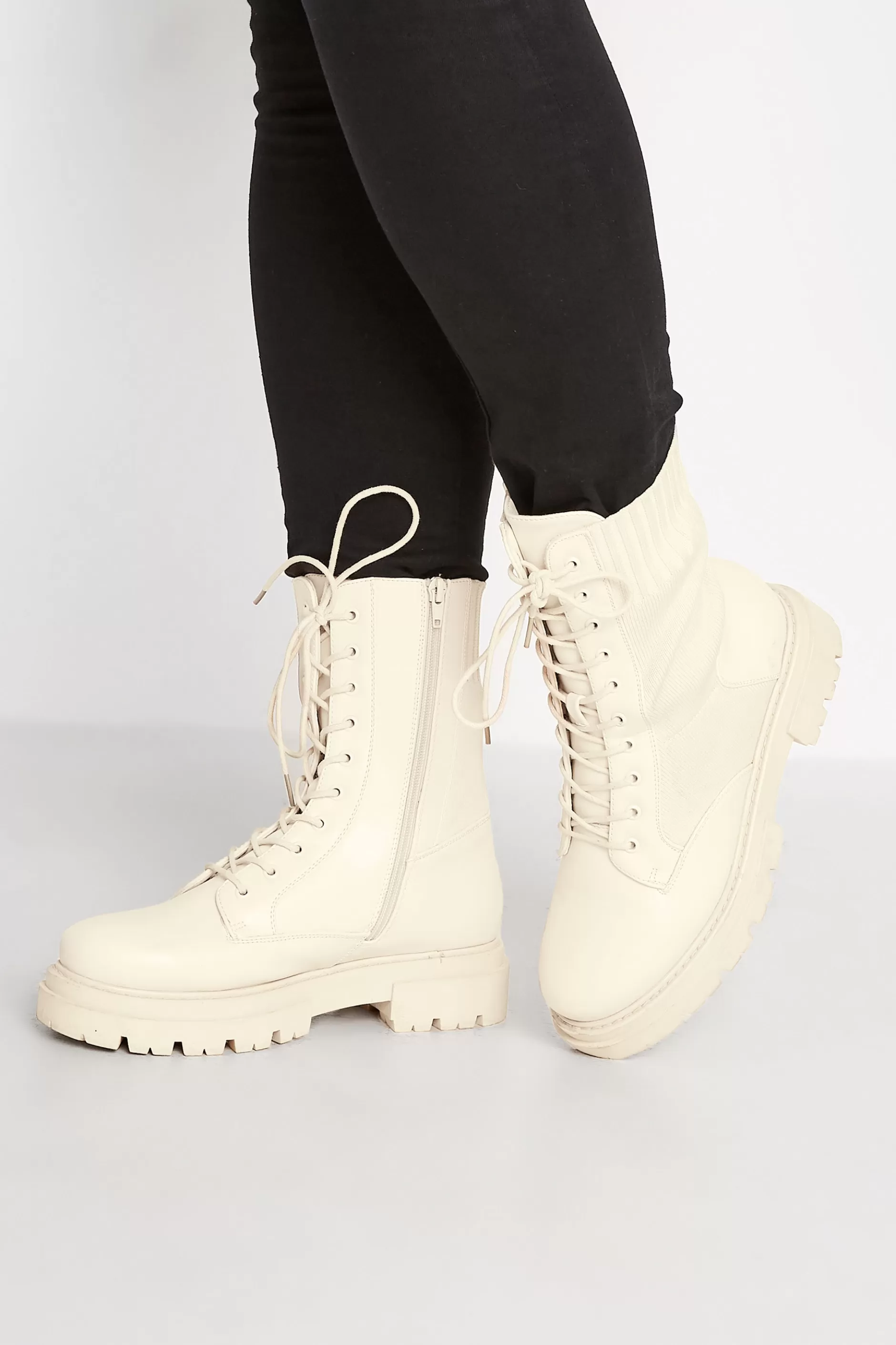 Women M&Co Boots>Limited Collection Limited Collection Cream Chunky Sock Lace Up Boots In Wide E Fit & Extra Wide Eee Fit