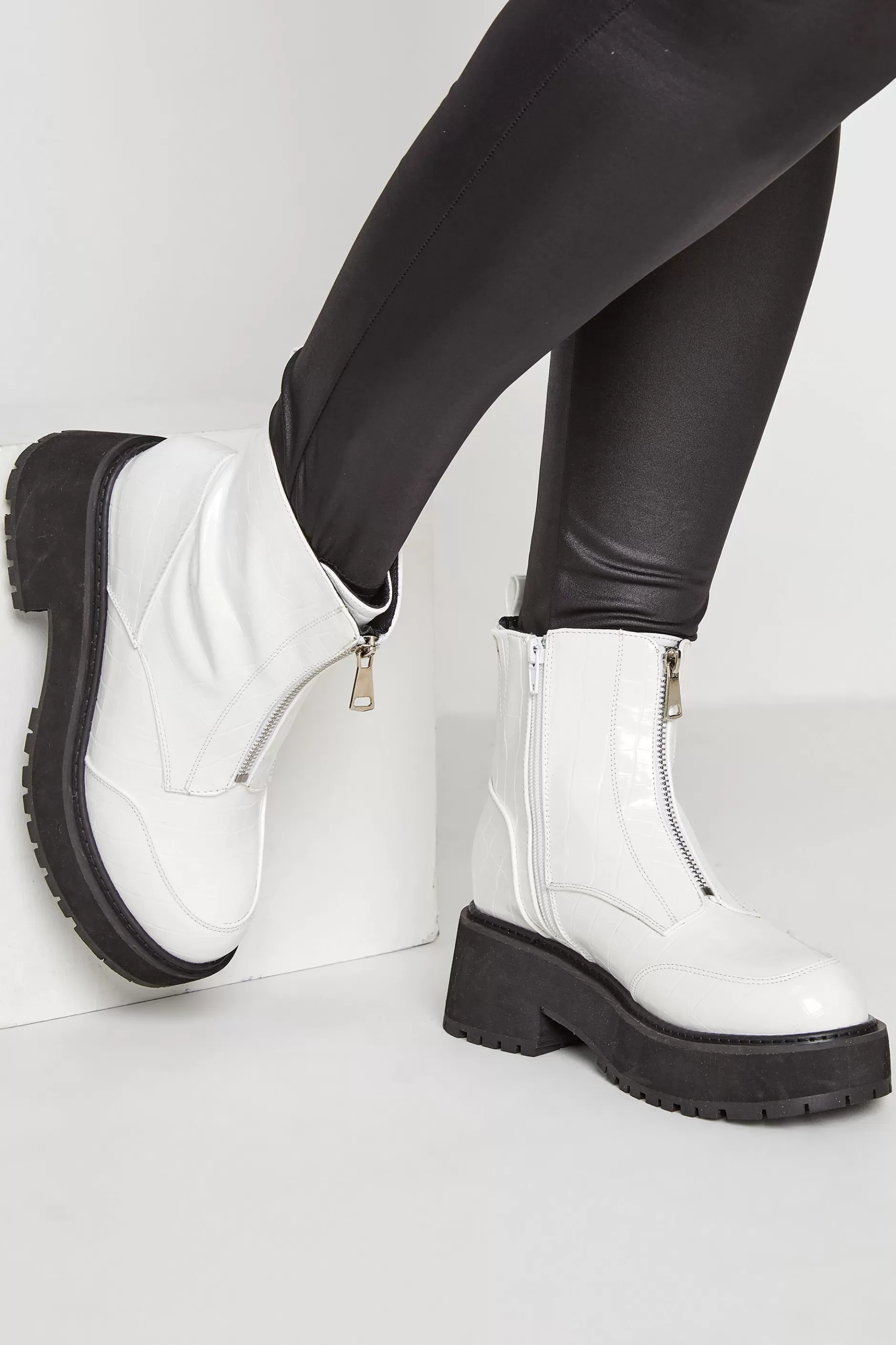 Women M&Co Boots>Limited Collection Limited Collection White Croc Leather Look Zip Chunky Boots In Wide E Fit