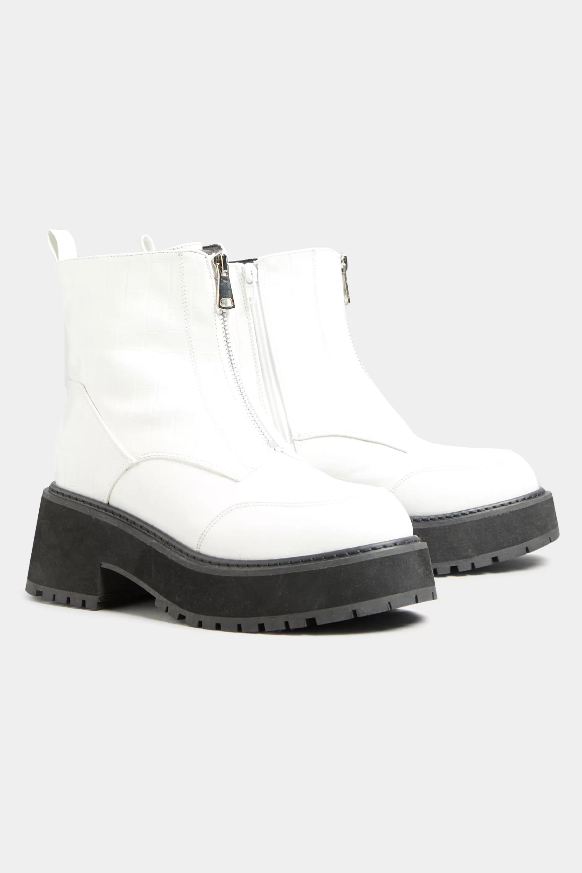 Women M&Co Boots>Limited Collection Limited Collection White Croc Leather Look Zip Chunky Boots In Wide E Fit