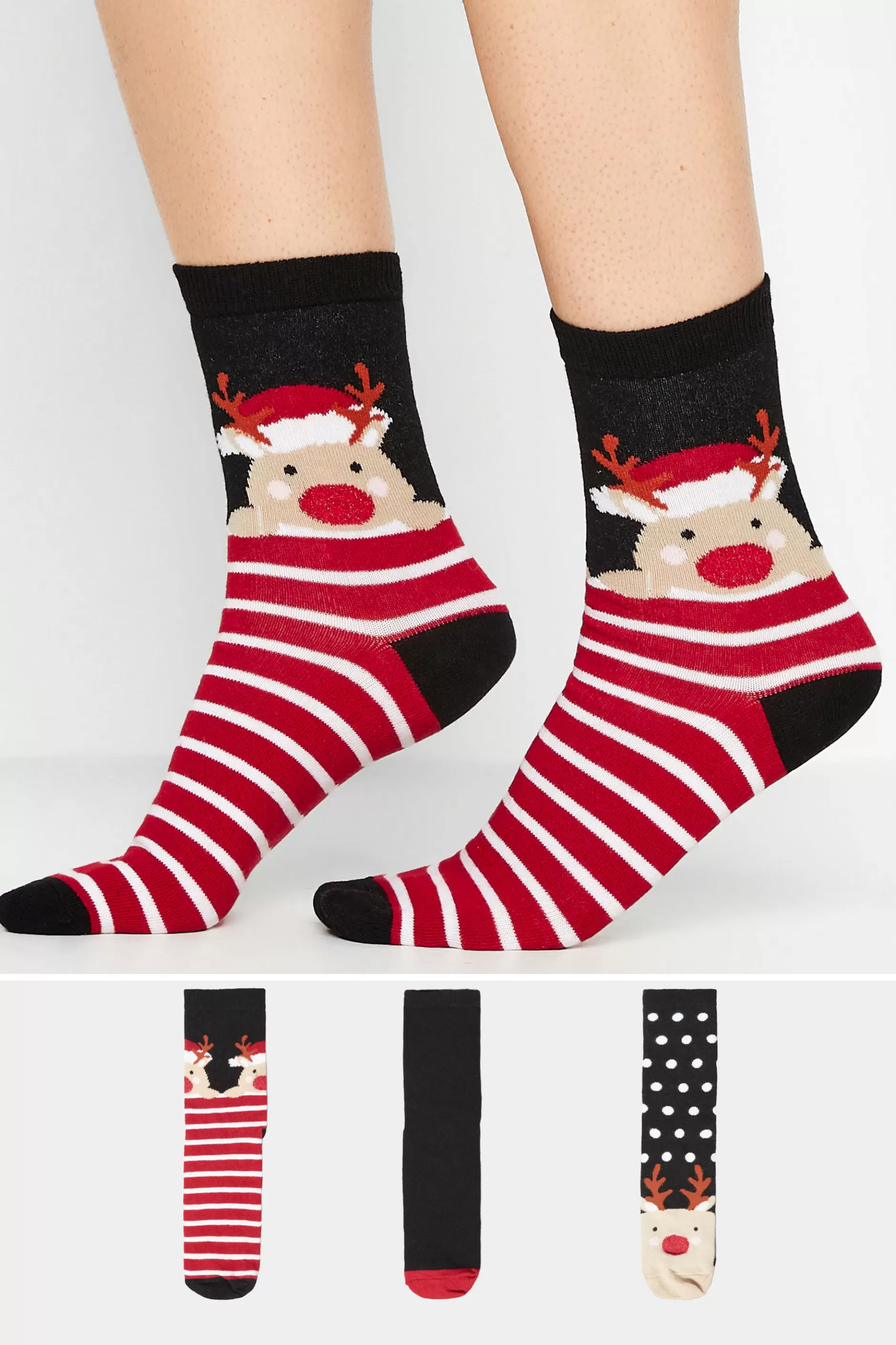 Women M&Co Socks>Lts Lts 3 Pack Black Novelty Reindeer Ankle Socks