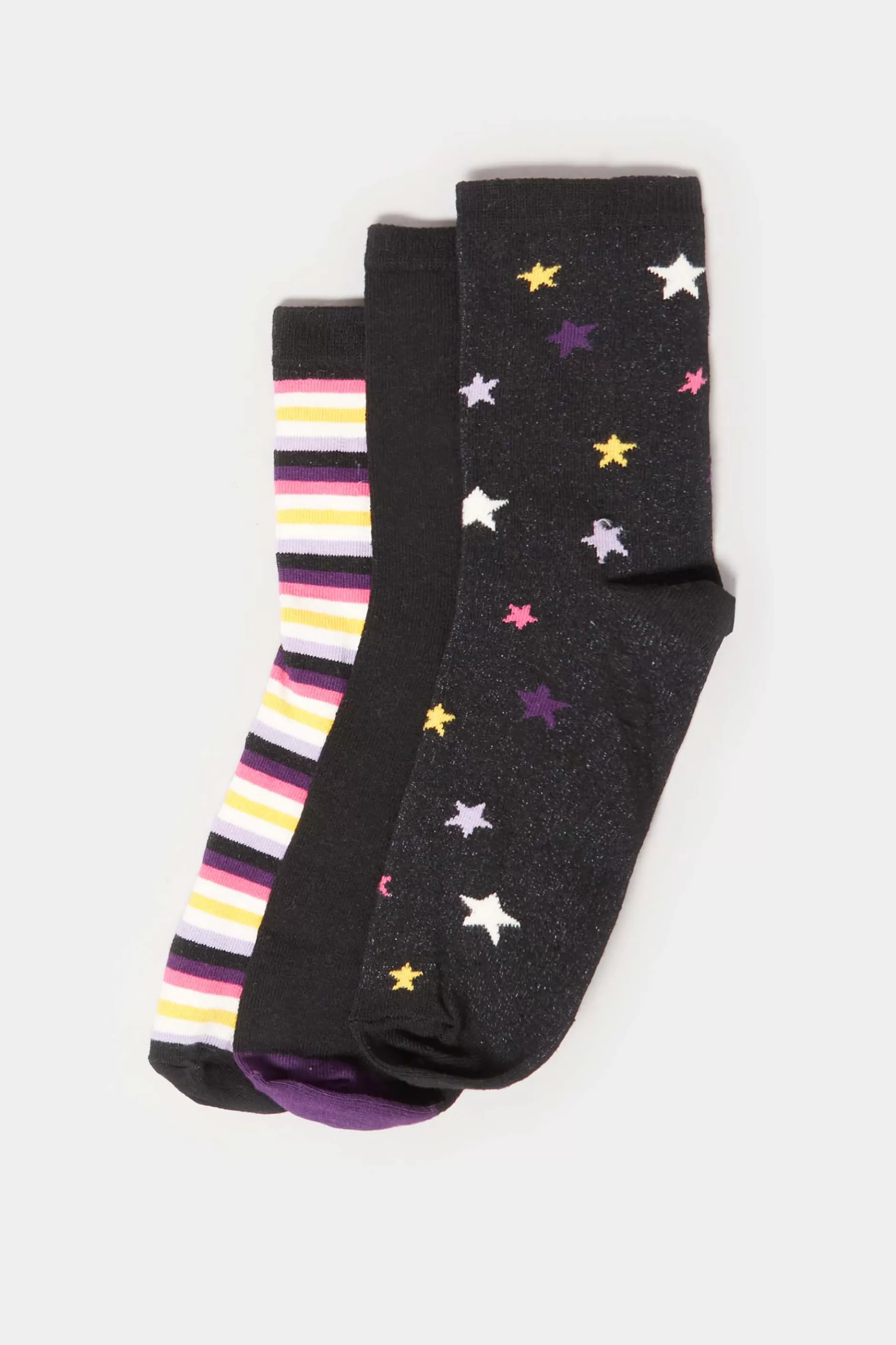 Women M&Co Socks>Lts Lts 3 Pack Black Star & Stripe Print Ankle Socks