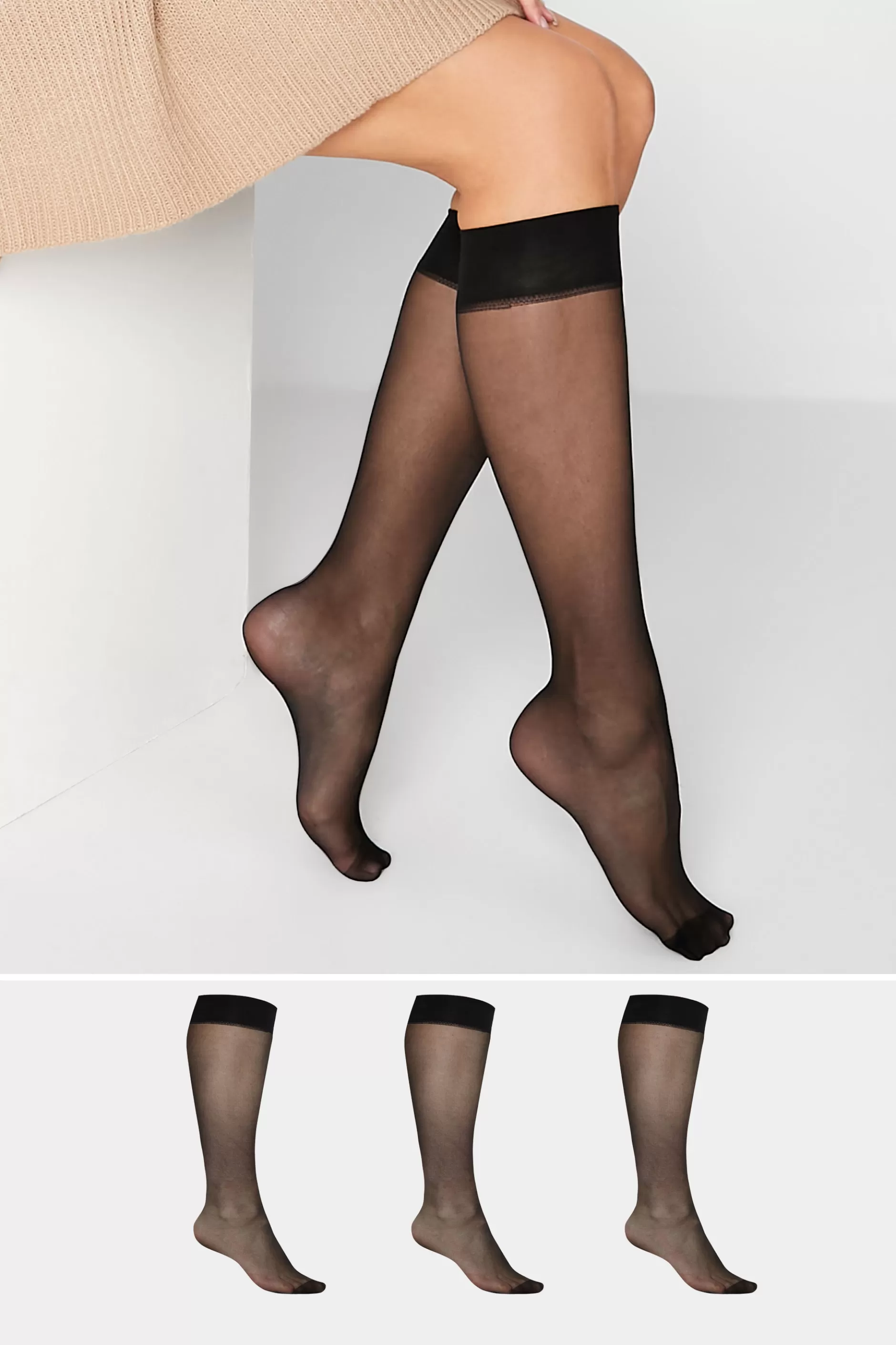Women M&Co Tights>Lts Lts Tall Black 3 Pack Knee High 15 Denier Tights