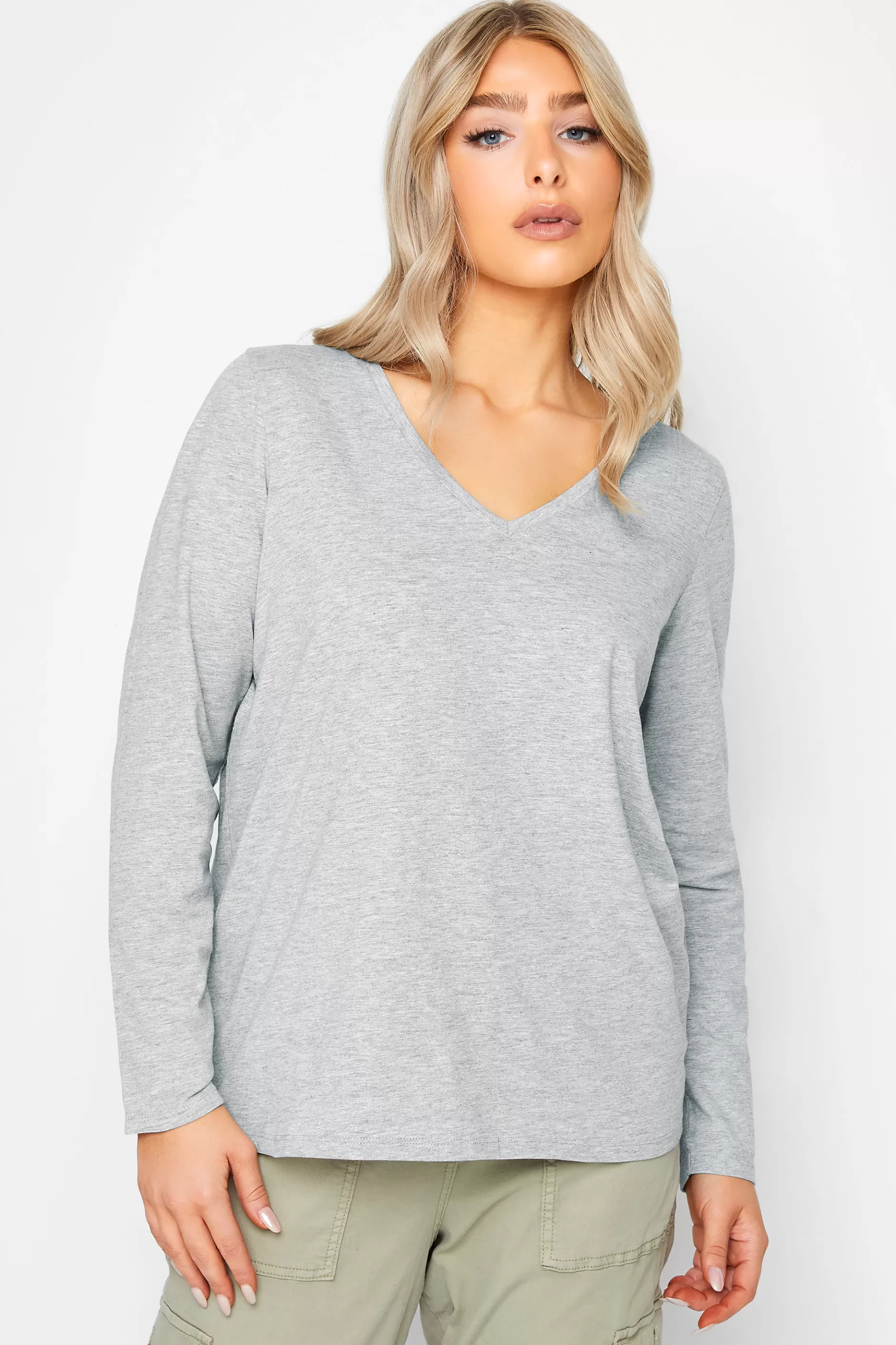 Women M&Co T-Shirts> Grey V-Neck Long Sleeve T-Shirt