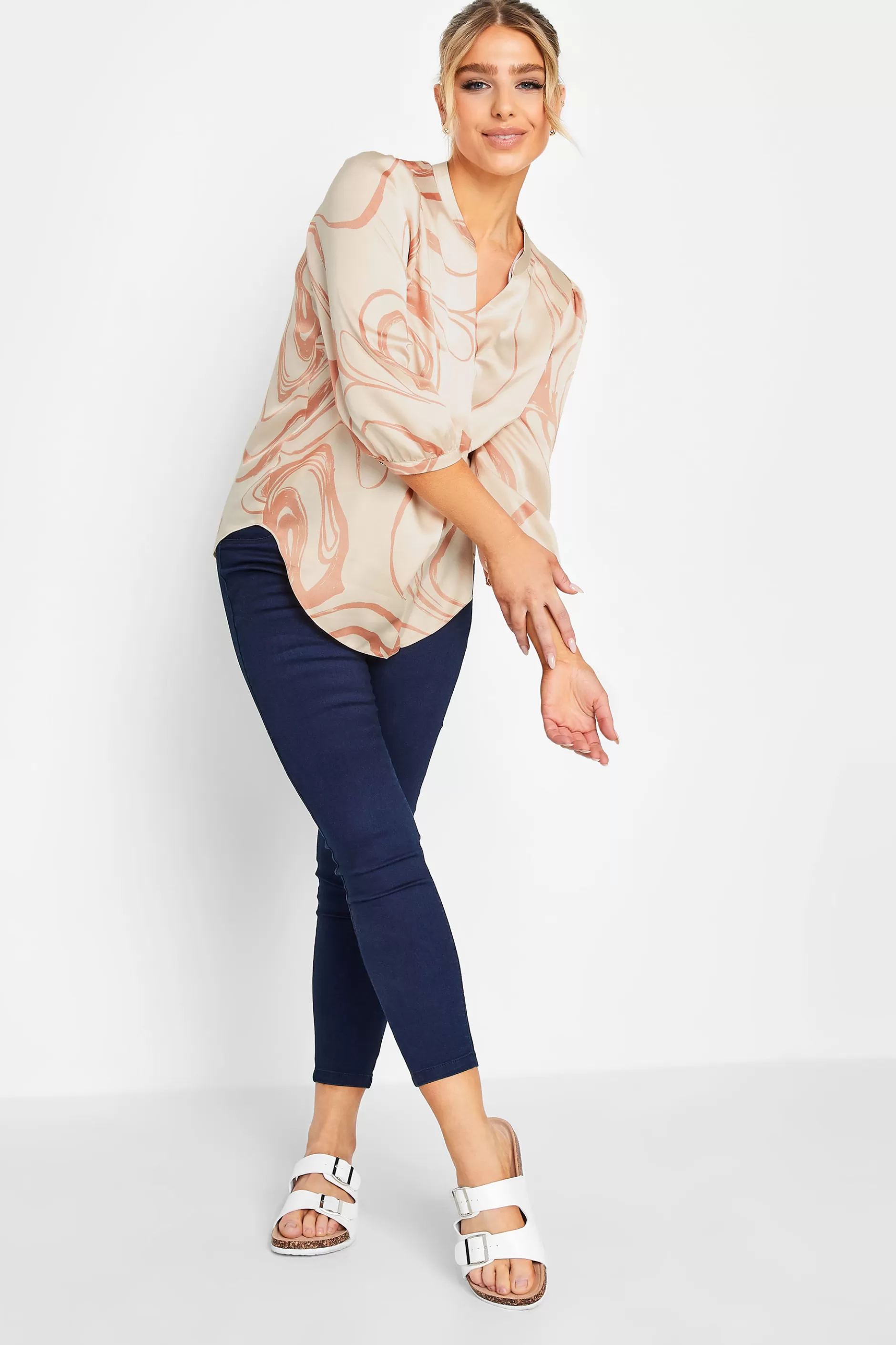 Women M&Co Blouses> Womens Beige Brown Abstract Print 3/4 Sleeve Blouse