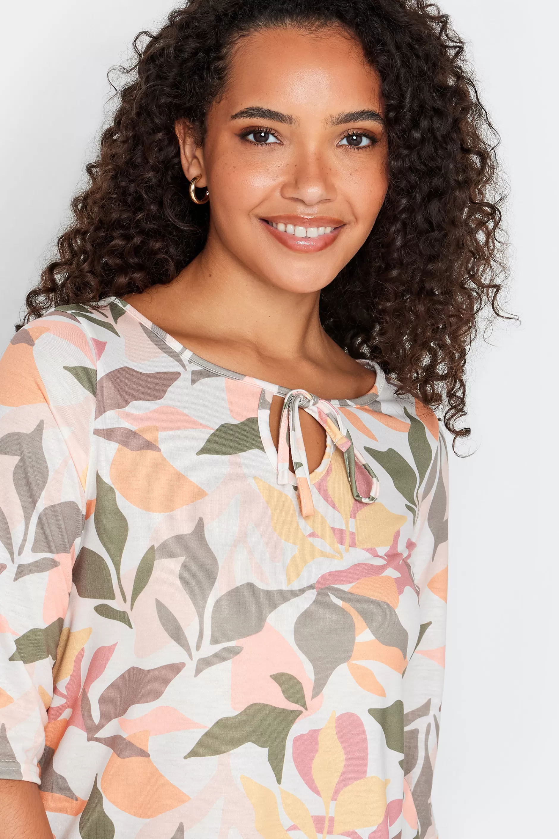 Women M&Co Long Sleeve Tops> Womens Beige Brown Floral Tie Front Top