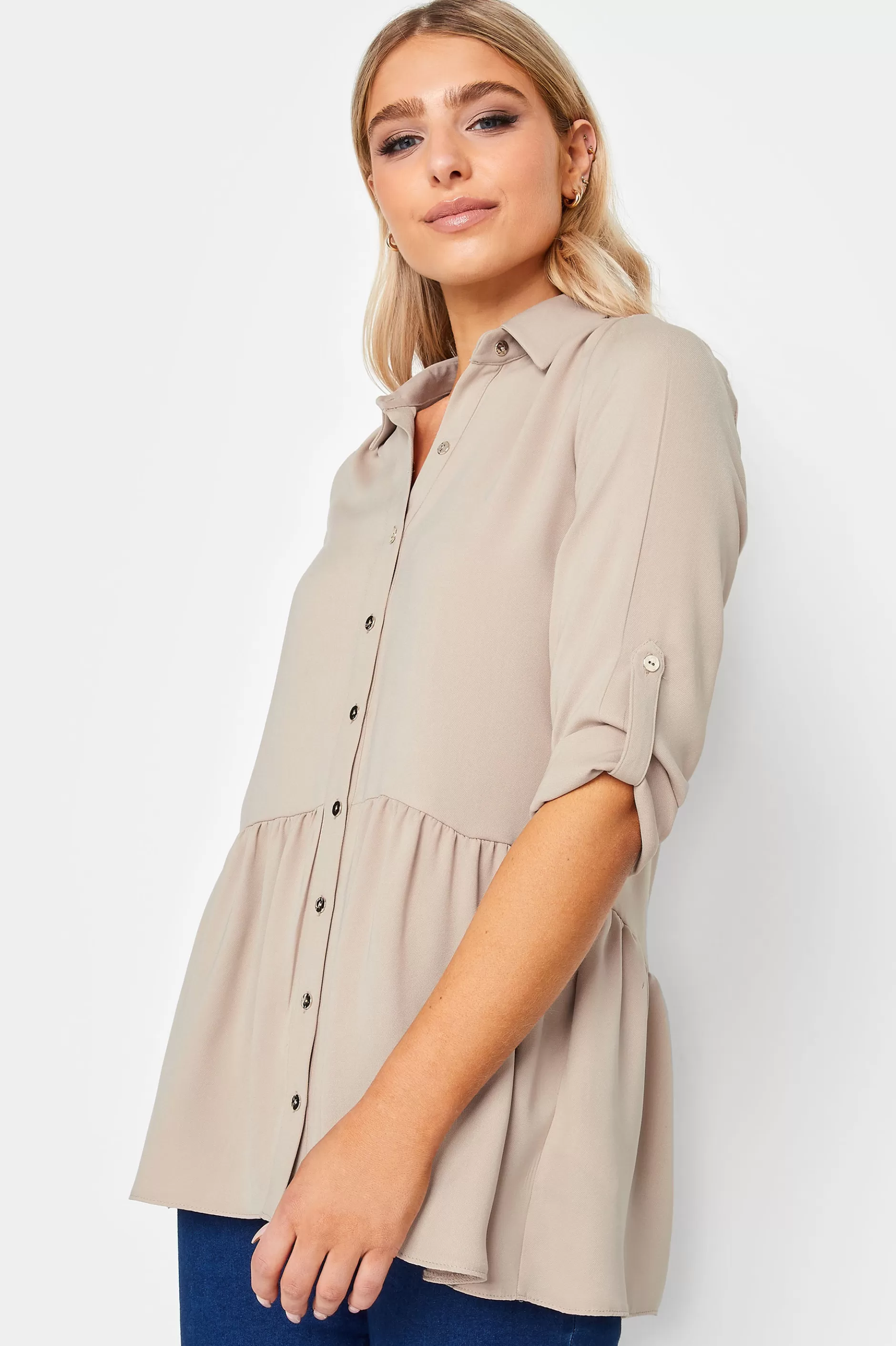 Women M&Co Shirts> Womens Beige Brown Frill Hem Shirt