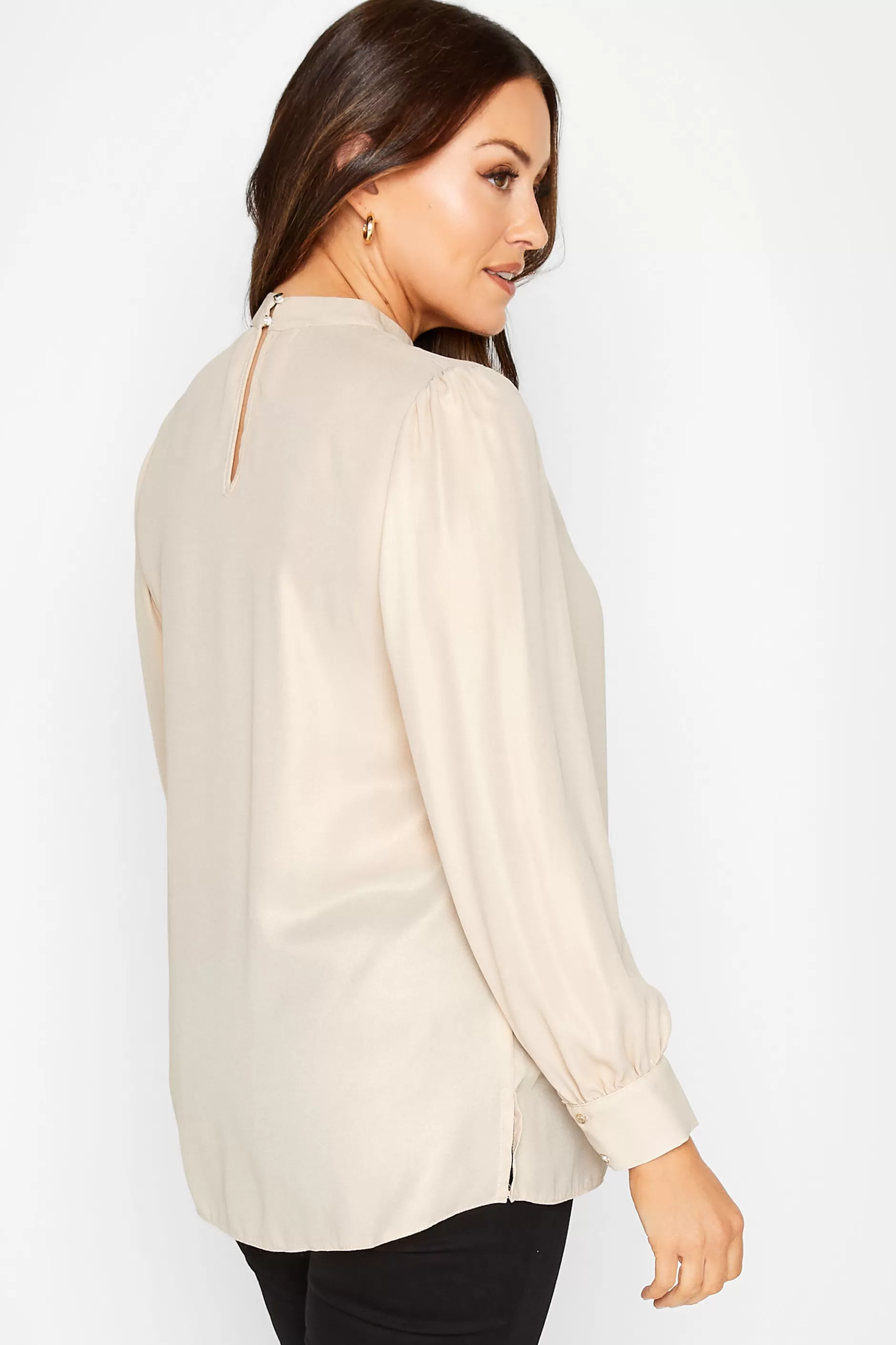 Women M&Co Long Sleeve Tops> Womens Beige Brown Keyhole Back High Neck Blouse