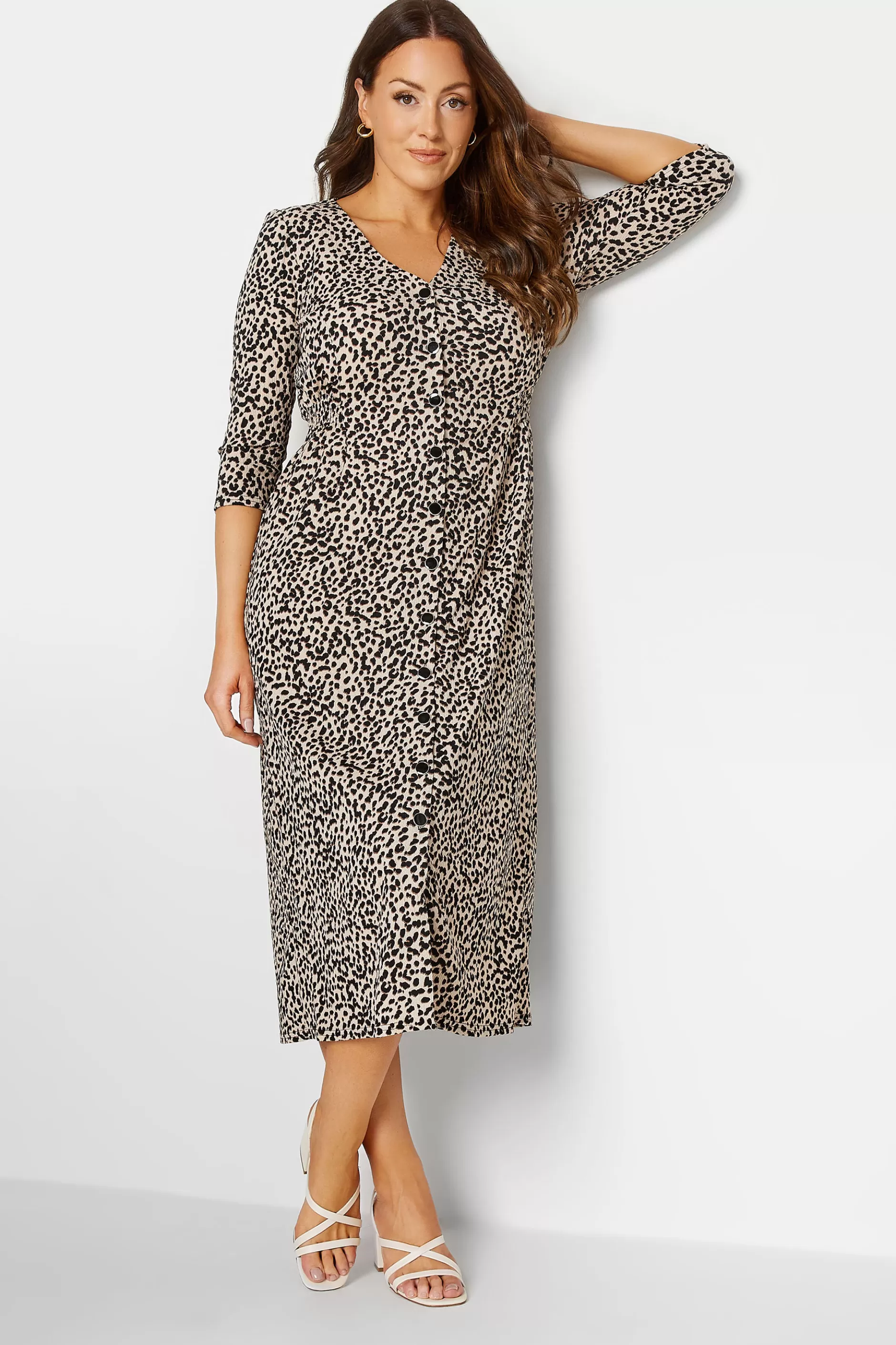 Women M&Co Midi Dresses> Womens Beige Brown Leopard Print Button Through Midaxi Dress