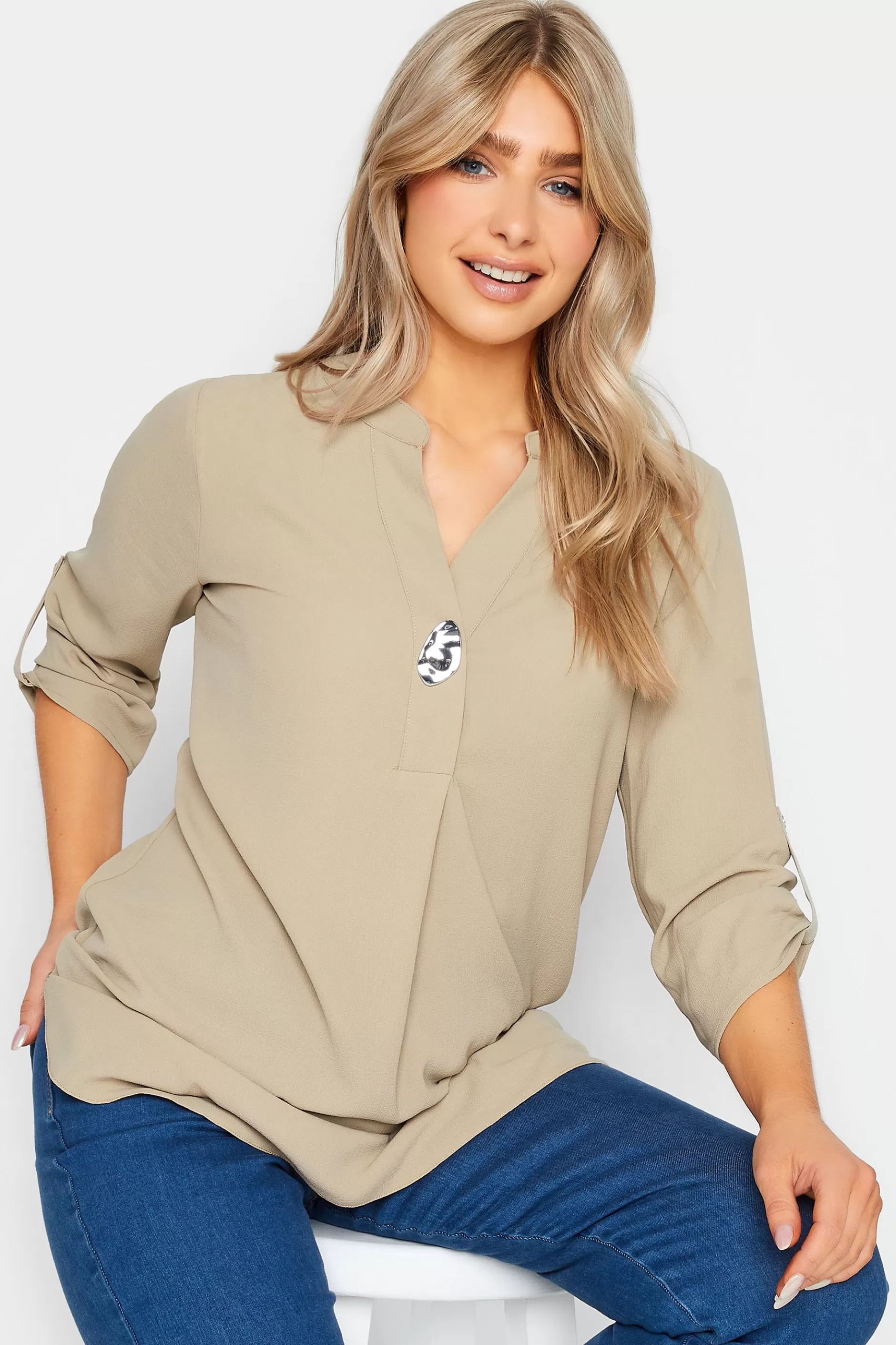 Women M&Co Shirts> Womens Beige Brown Long Sleeve Button Blouse