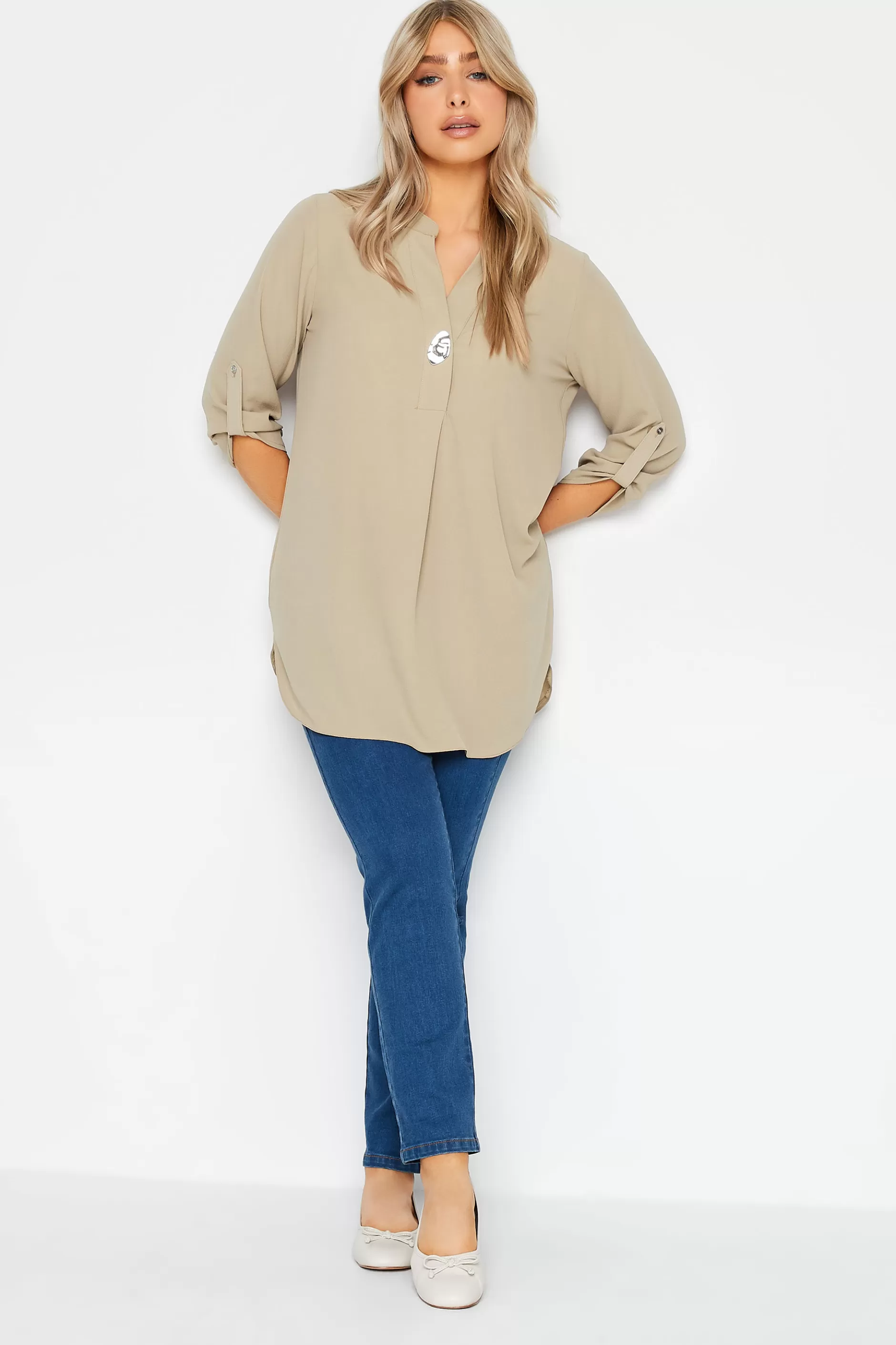 Women M&Co Shirts> Womens Beige Brown Long Sleeve Button Blouse