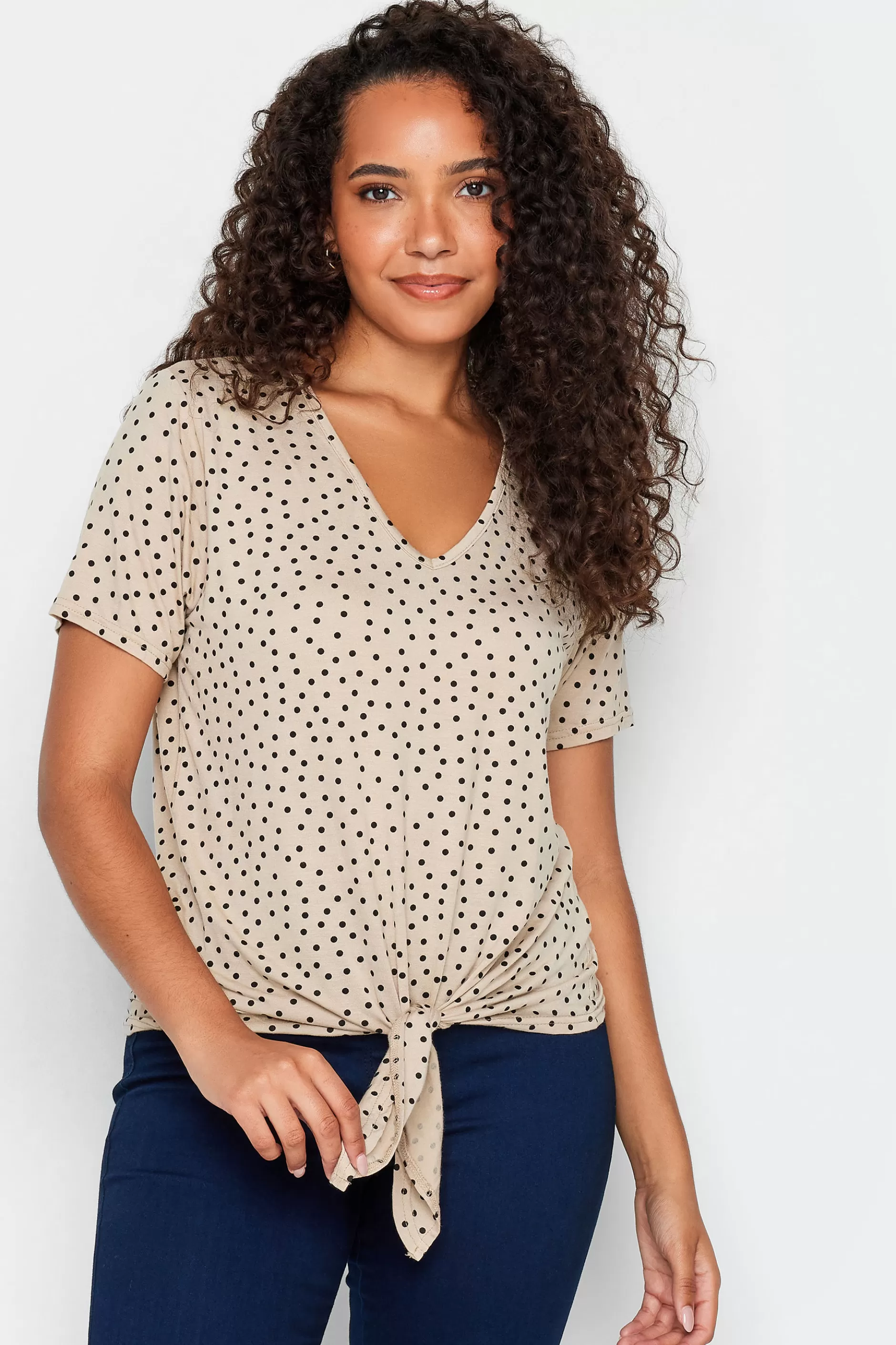 Women M&Co T-Shirts> Womens Beige Brown Spot Print Tie Detail T-Shirt