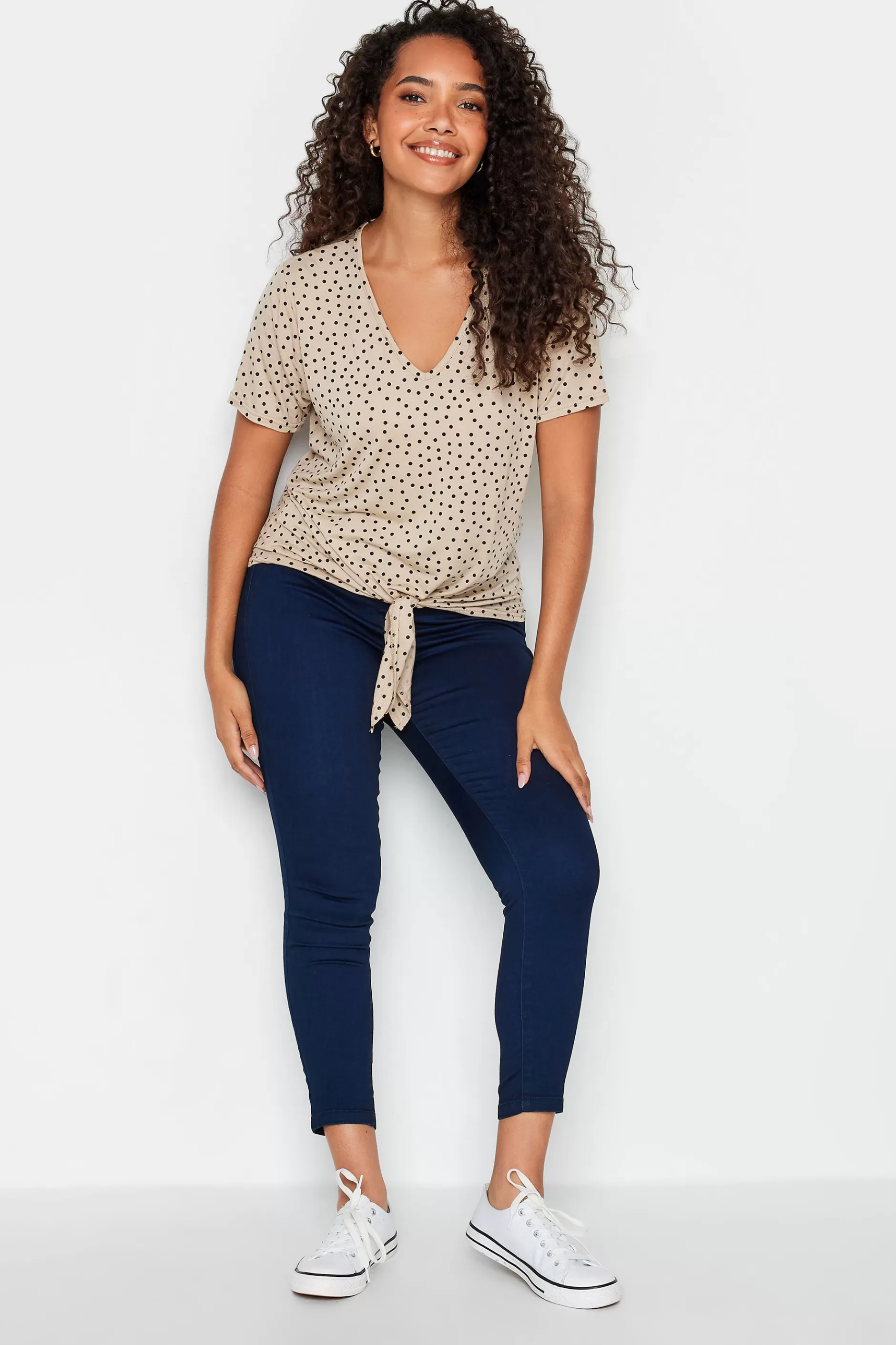 Women M&Co T-Shirts> Womens Beige Brown Spot Print Tie Detail T-Shirt