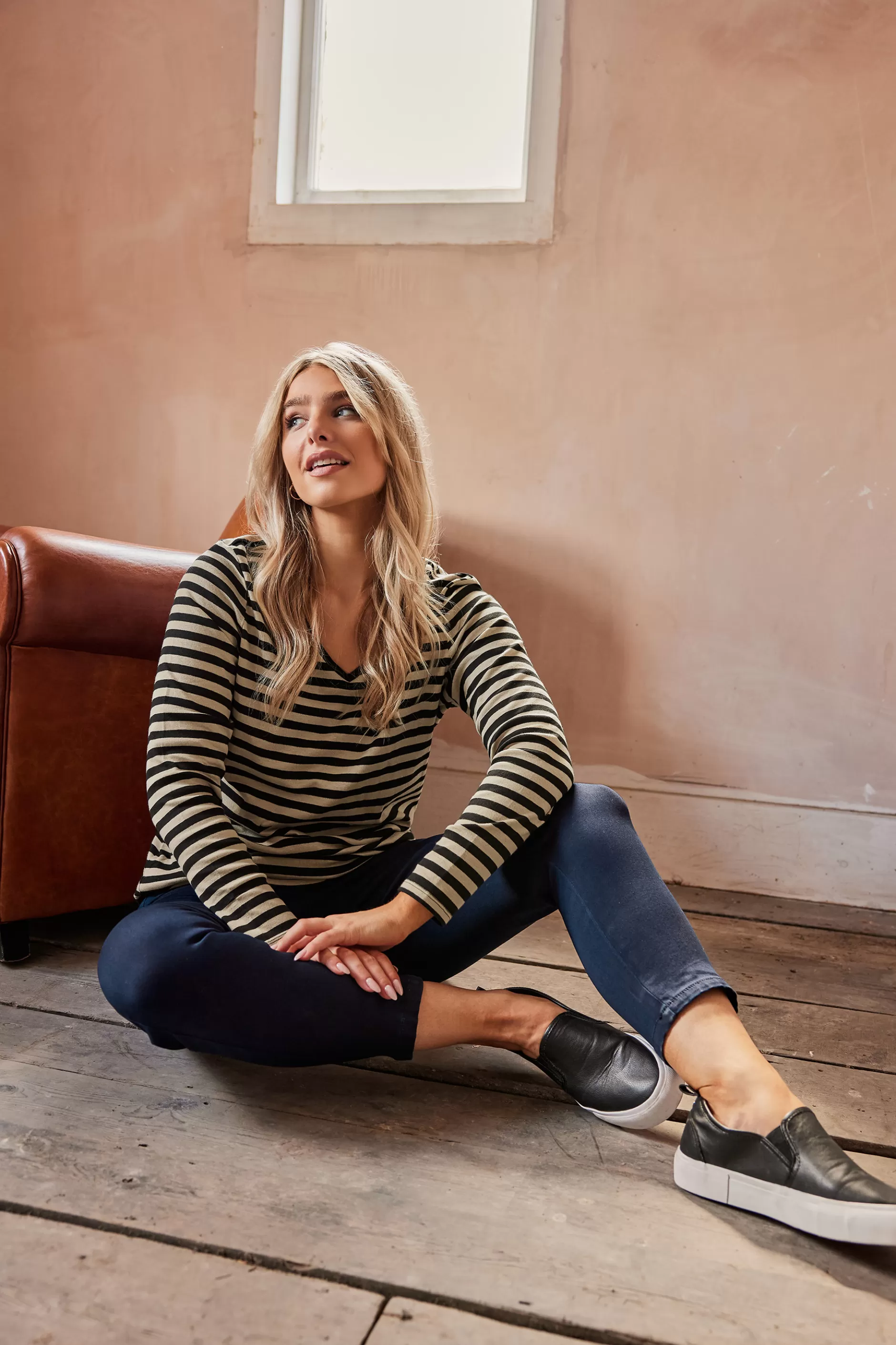 Women M&Co T-Shirts> Womens Beige Brown Stripe V-Neck Cotton Long Sleeve T-Shirt