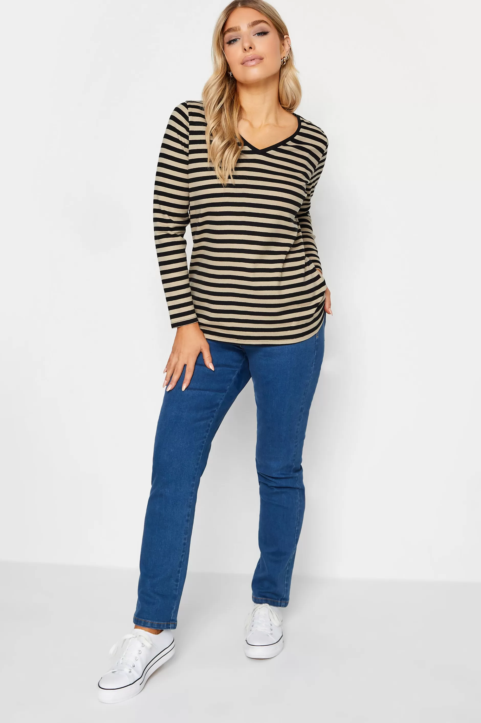 Women M&Co T-Shirts> Womens Beige Brown Stripe V-Neck Cotton Long Sleeve T-Shirt