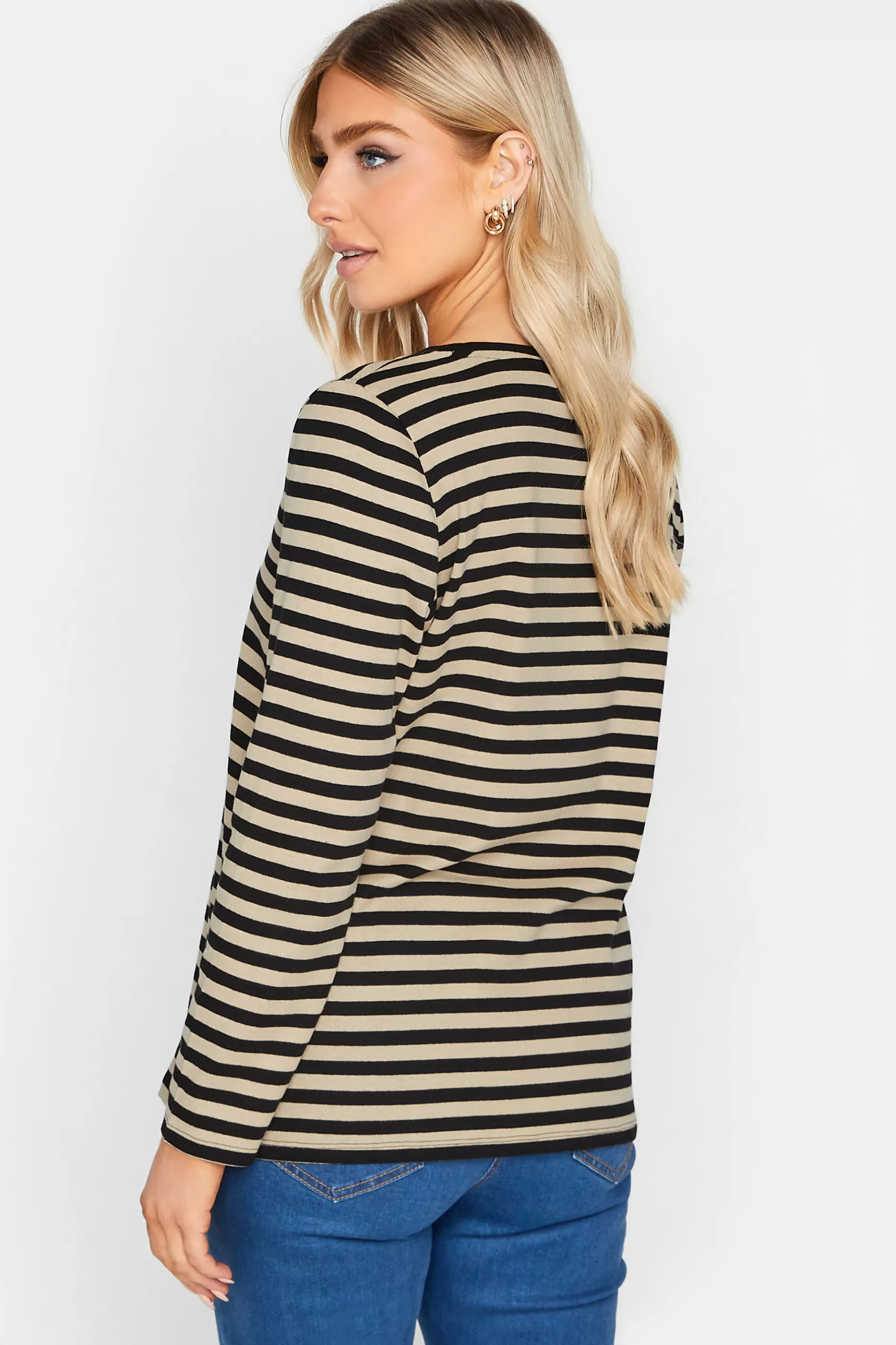 Women M&Co T-Shirts> Womens Beige Brown Stripe V-Neck Cotton Long Sleeve T-Shirt