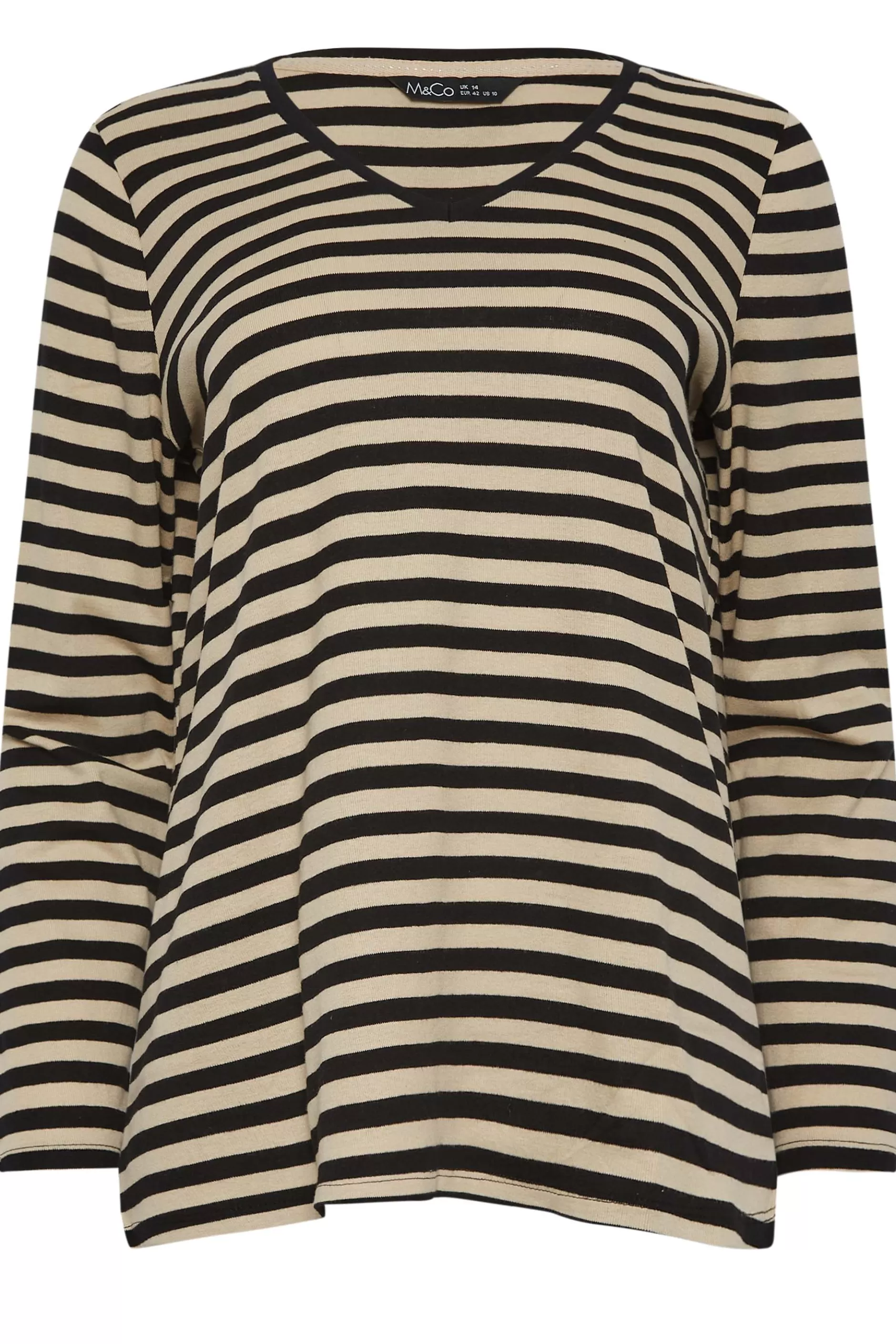 Women M&Co T-Shirts> Womens Beige Brown Stripe V-Neck Cotton Long Sleeve T-Shirt