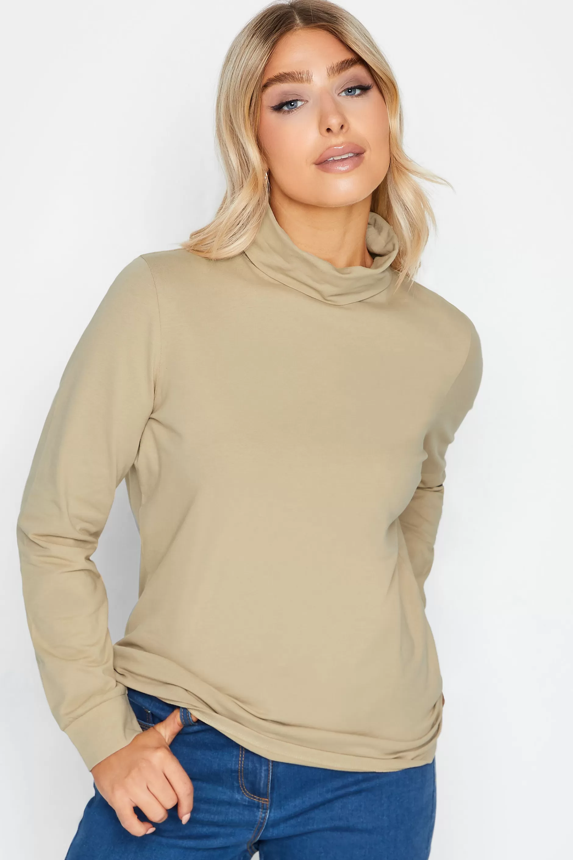 Women M&Co T-Shirts> Womens Beige Brown Turtle Neck Long Sleeve Cotton Blend Top