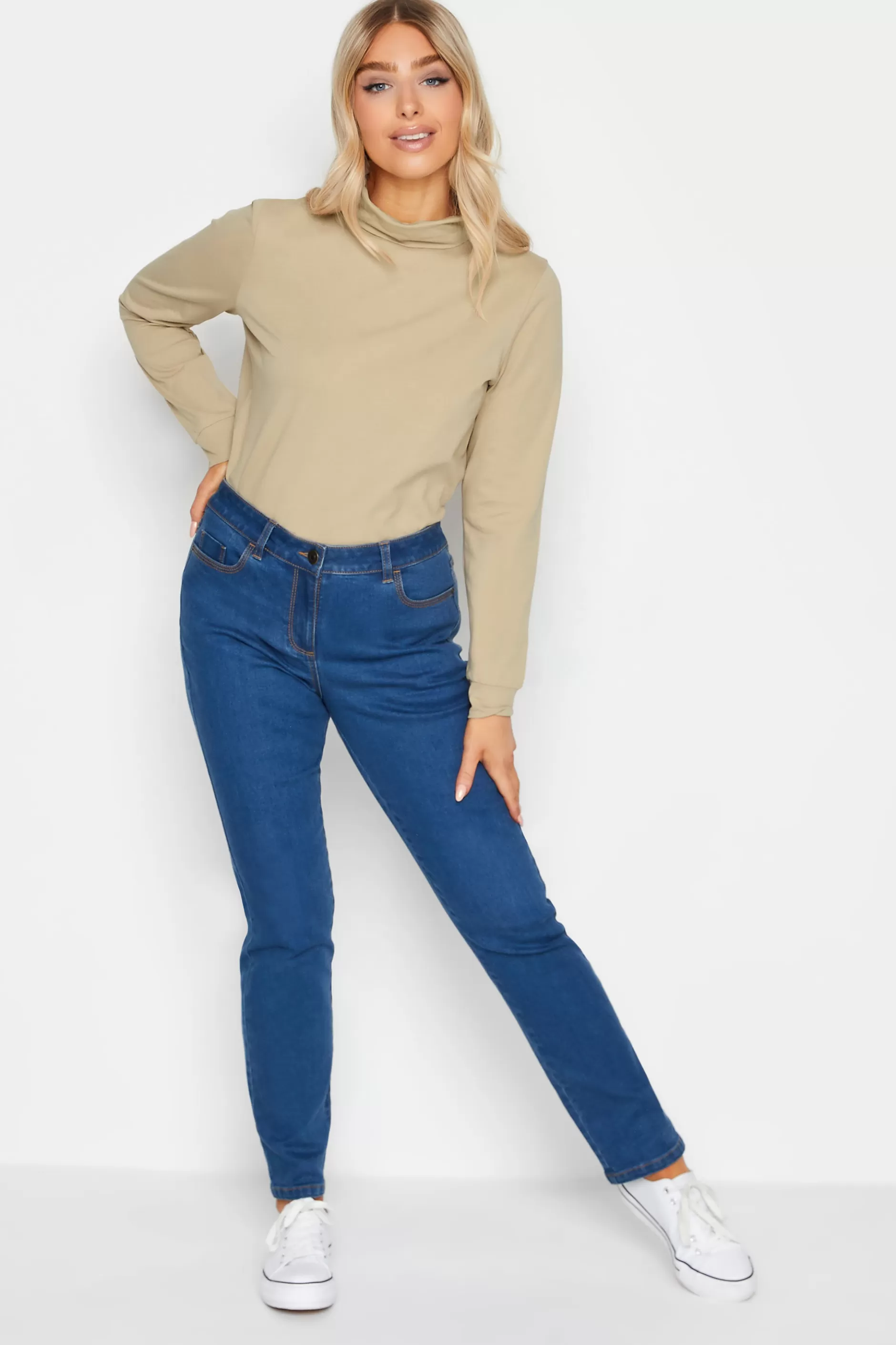 Women M&Co T-Shirts> Womens Beige Brown Turtle Neck Long Sleeve Cotton Blend Top