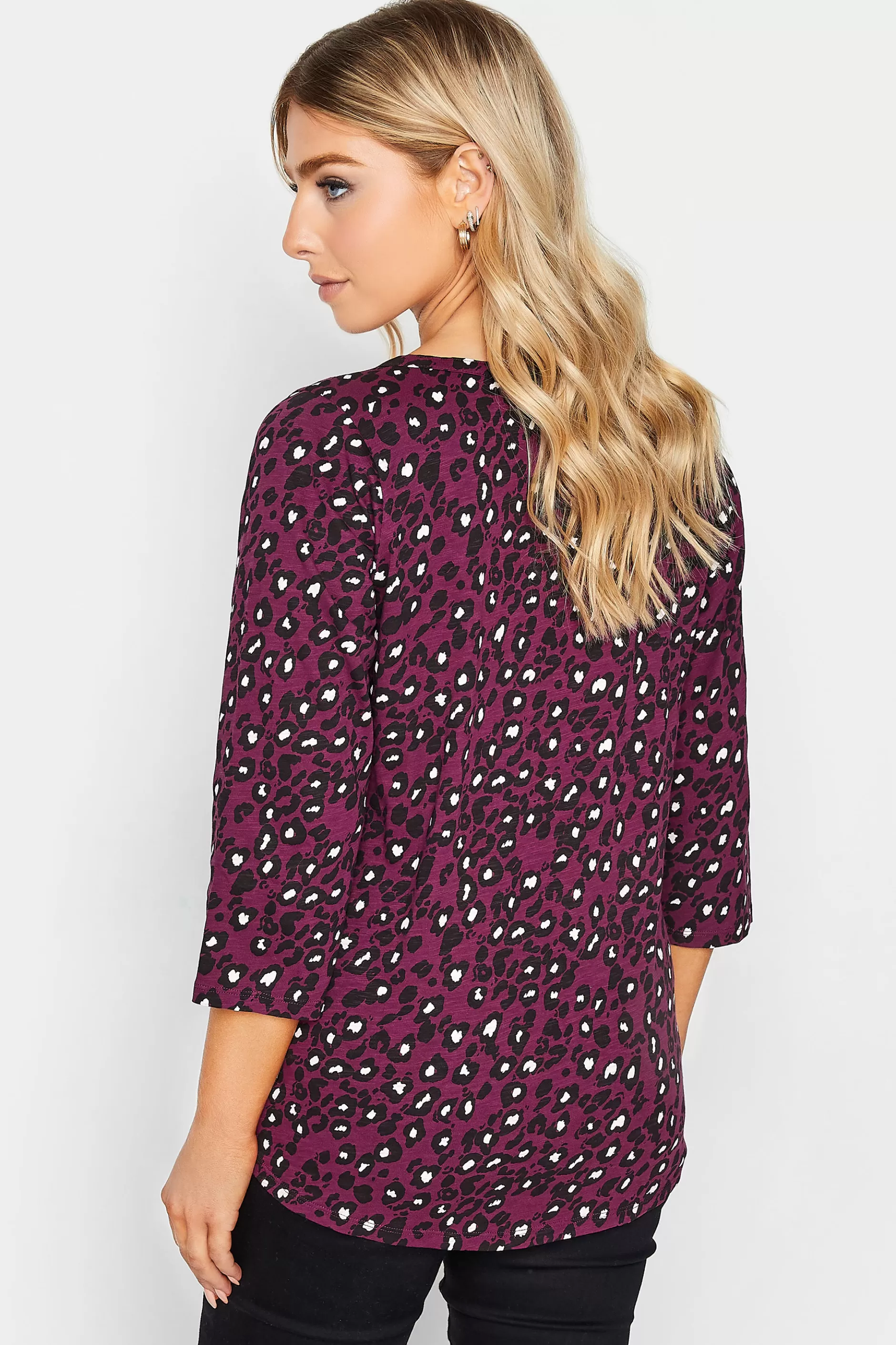 Women M&Co Long Sleeve Tops> Womens Berry Red Animal Print Cotton Henley Top