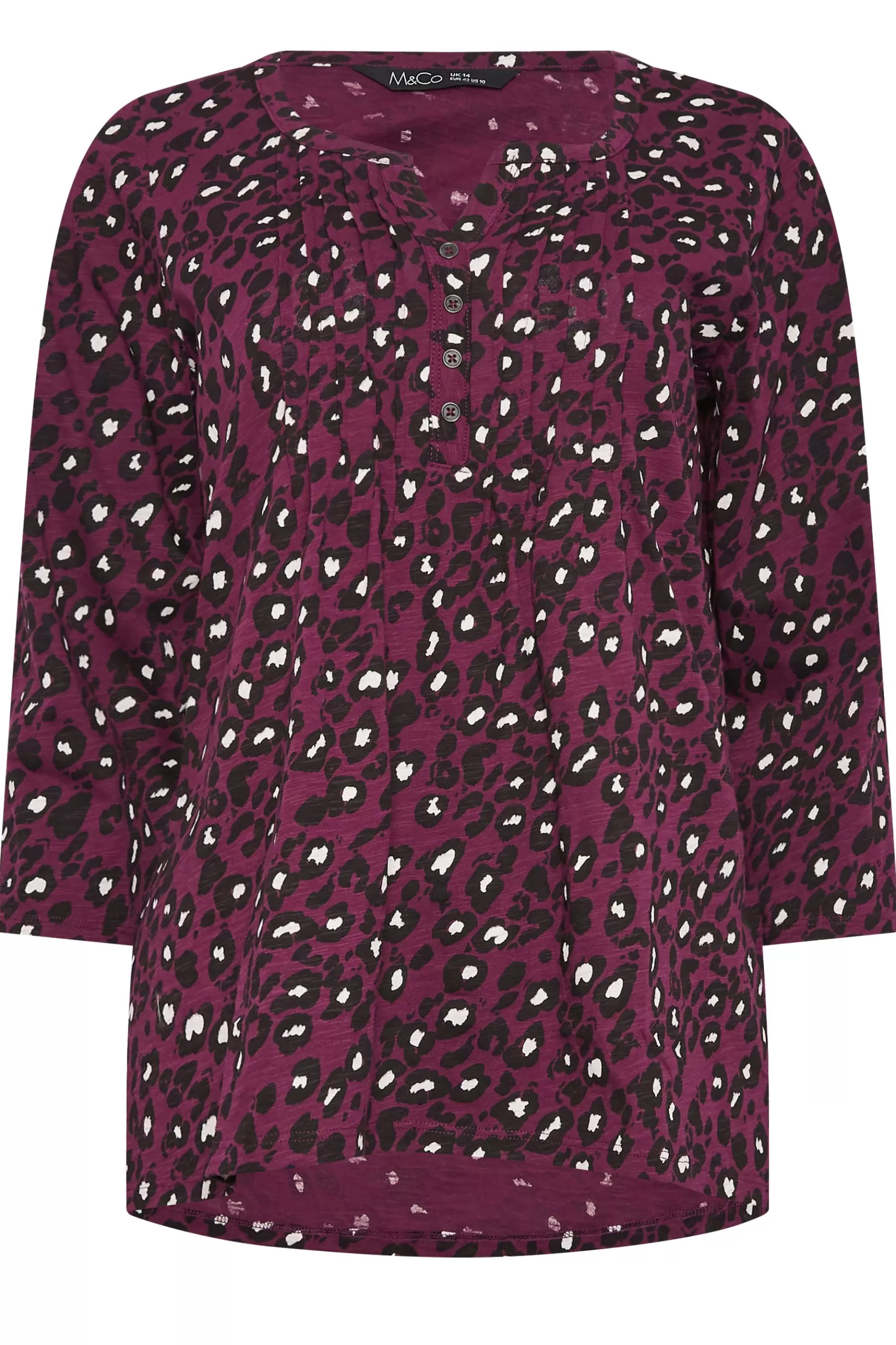 Women M&Co Long Sleeve Tops> Womens Berry Red Animal Print Cotton Henley Top