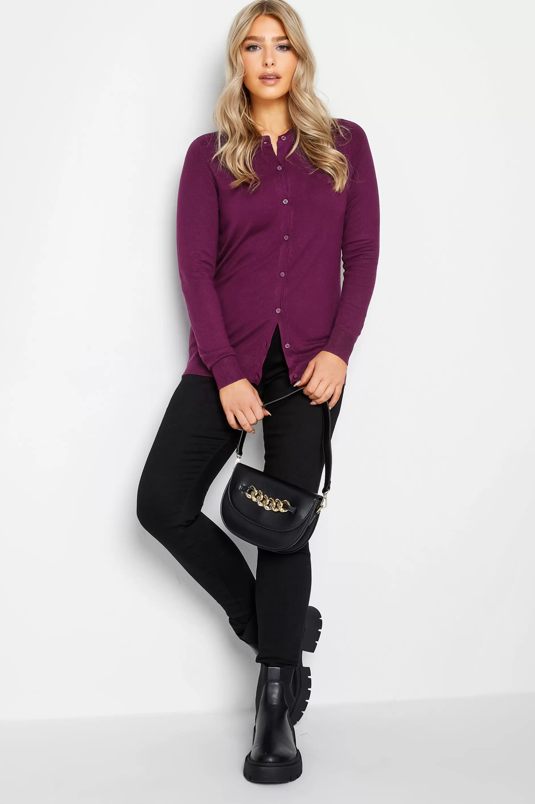 Women M&Co Cardigan> Womens Berry Red Ribbed Shoulder Cardigan