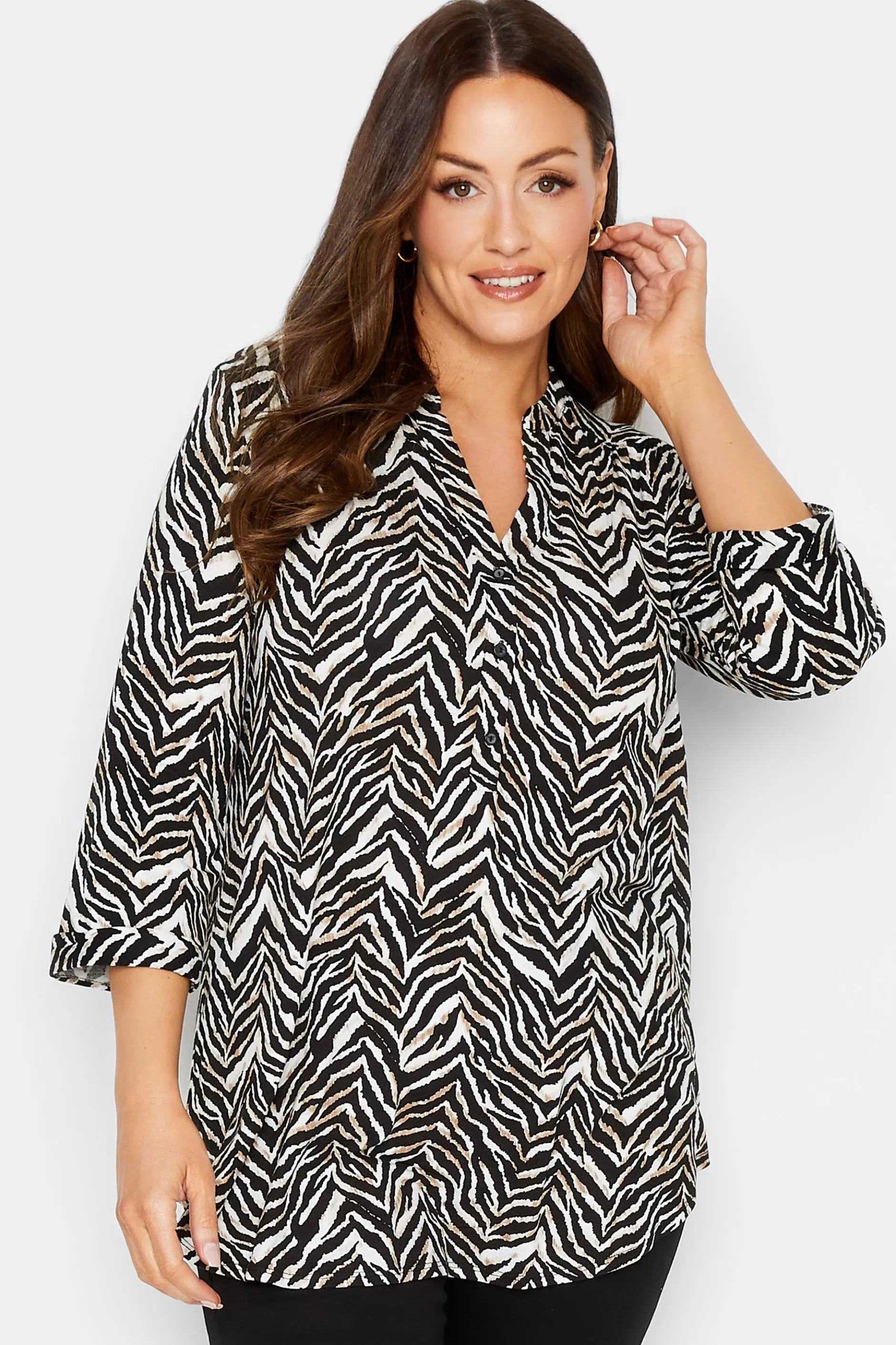 Women M&Co Shirts> Womens Black & Brown Animal Print Half Placket Jersey Shirt