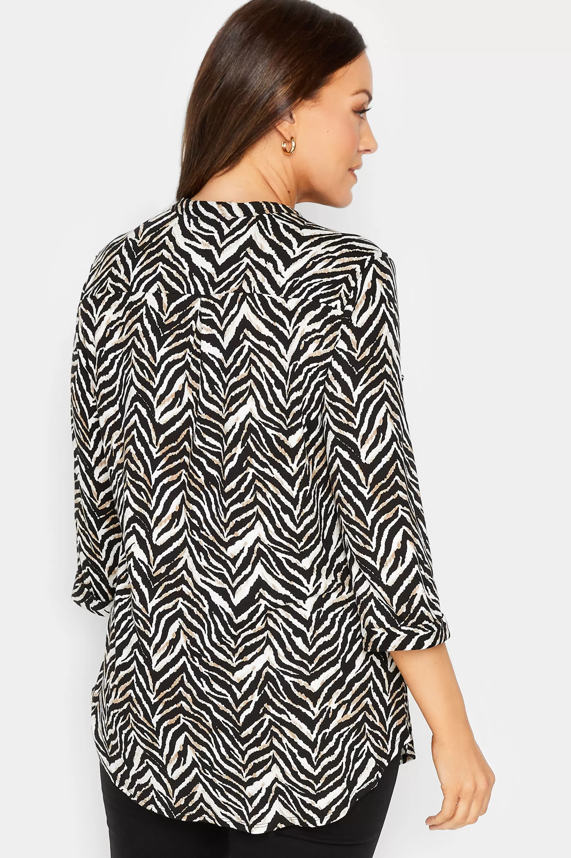 Women M&Co Shirts> Womens Black & Brown Animal Print Half Placket Jersey Shirt