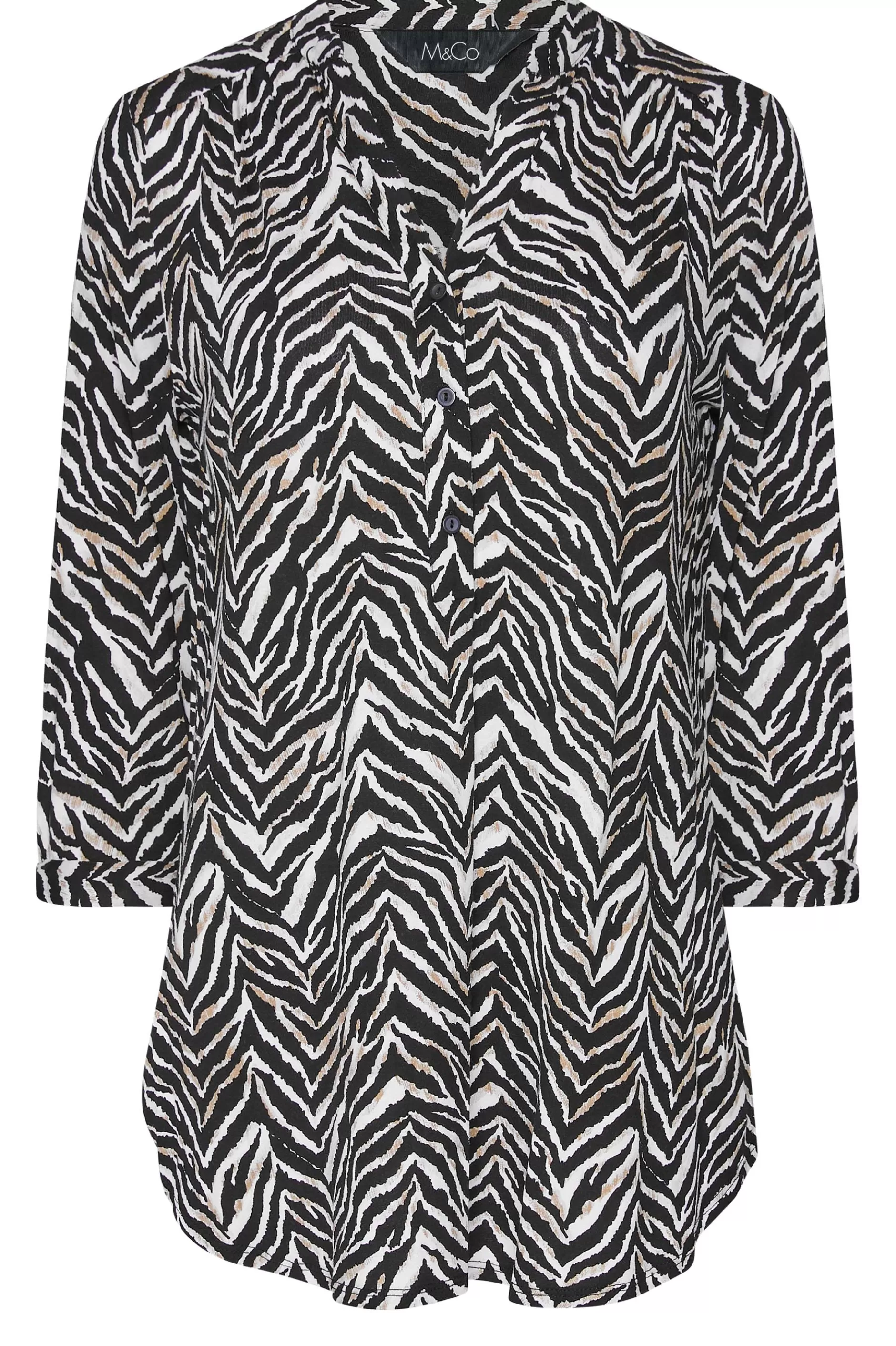 Women M&Co Shirts> Womens Black & Brown Animal Print Half Placket Jersey Shirt