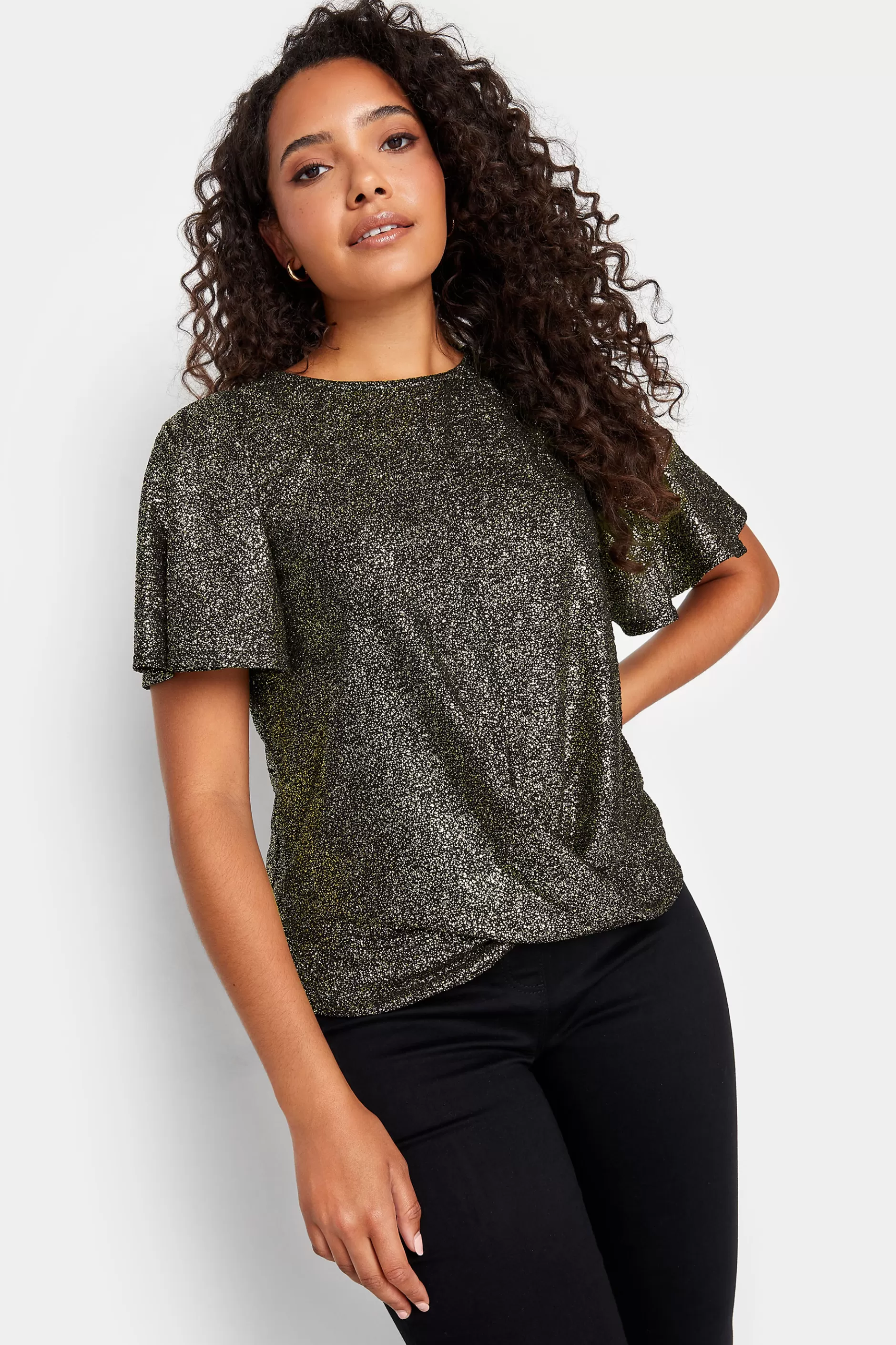 Women M&Co Blouses> Womens Black & Gold Glitter Angel Sleeve Top