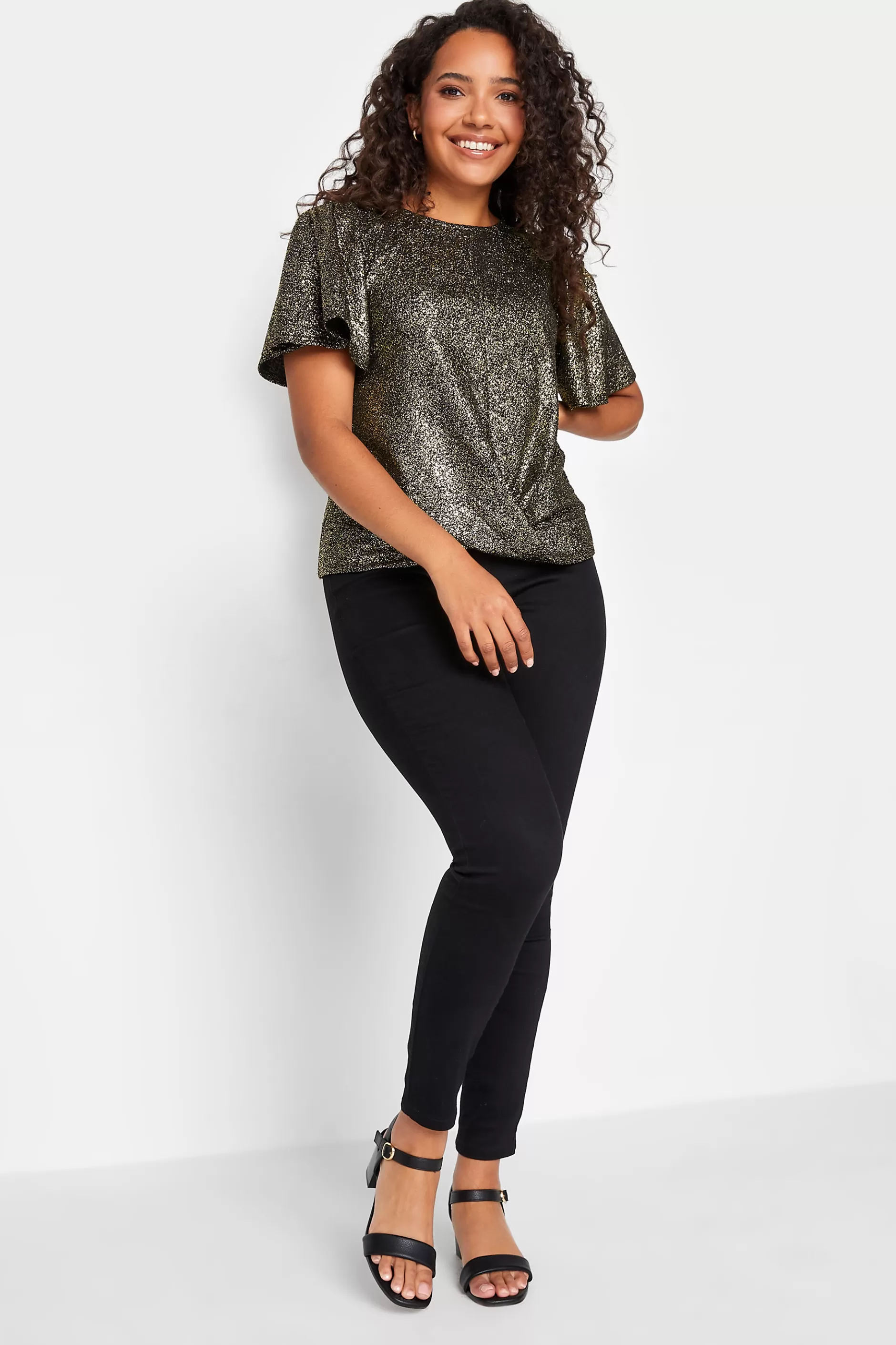 Women M&Co Blouses> Womens Black & Gold Glitter Angel Sleeve Top