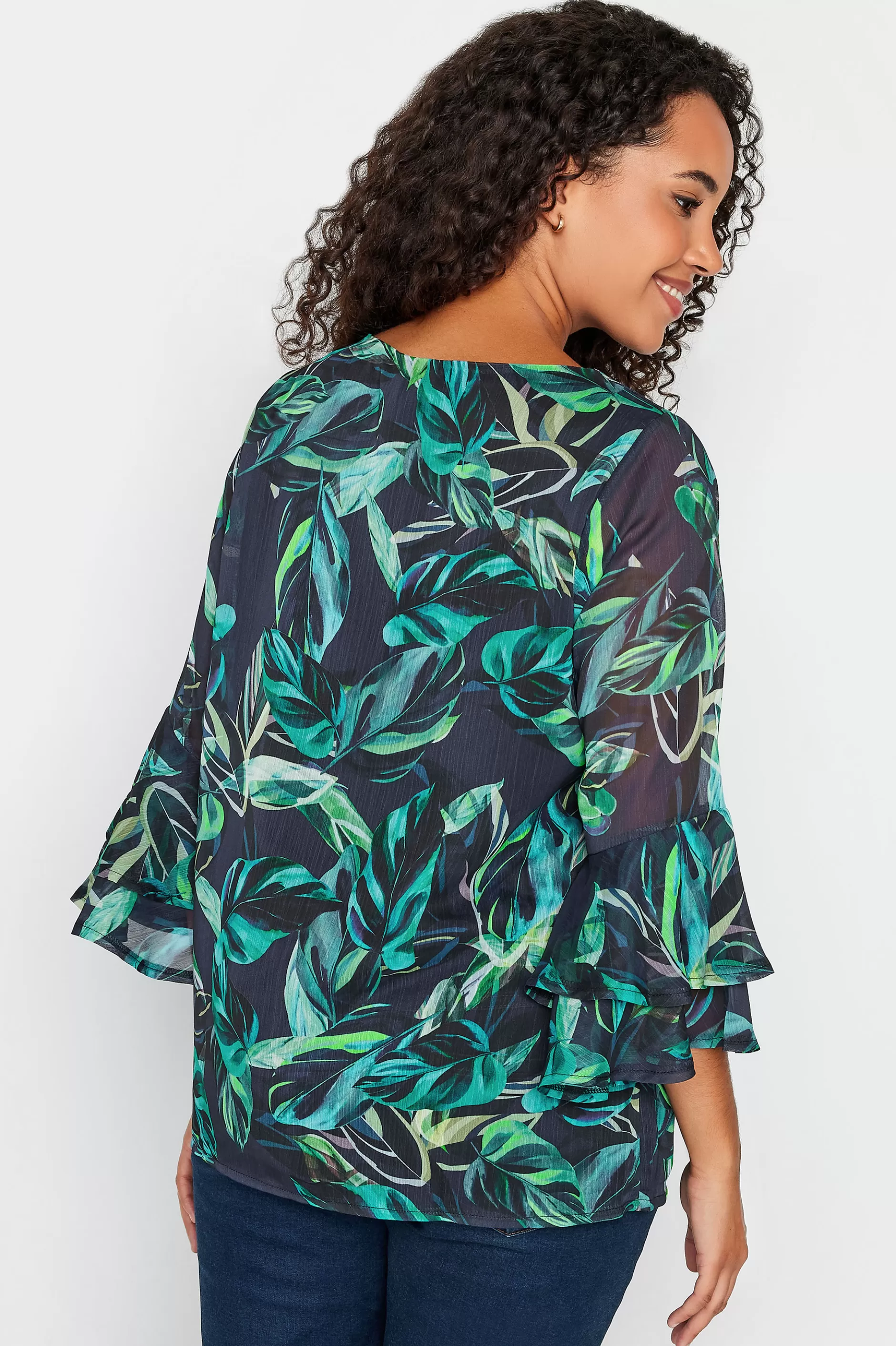 Women M&Co Blouses> Womens Black & Green Floral Print Flute Sleeve Blouse