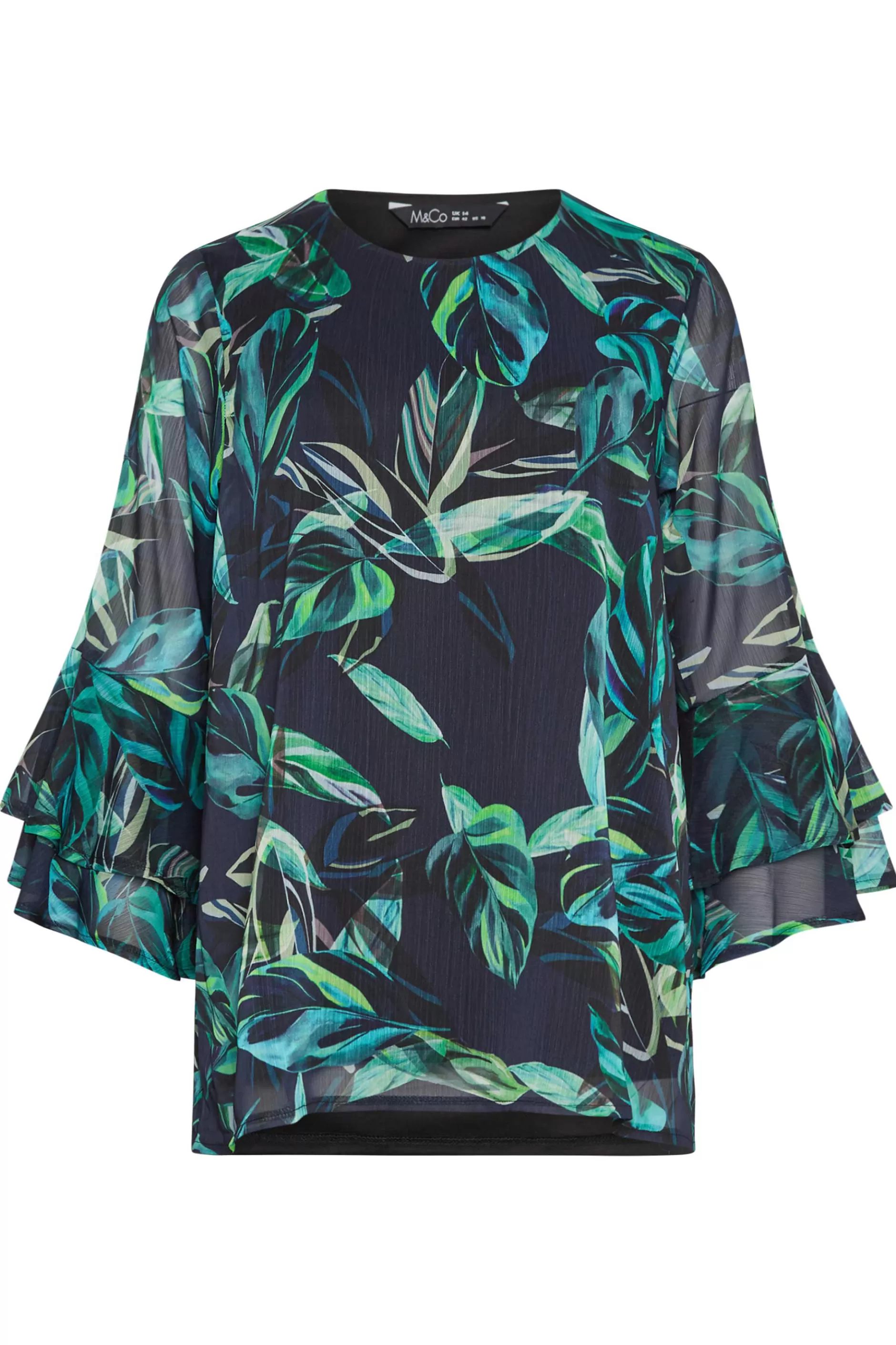 Women M&Co Blouses> Womens Black & Green Floral Print Flute Sleeve Blouse