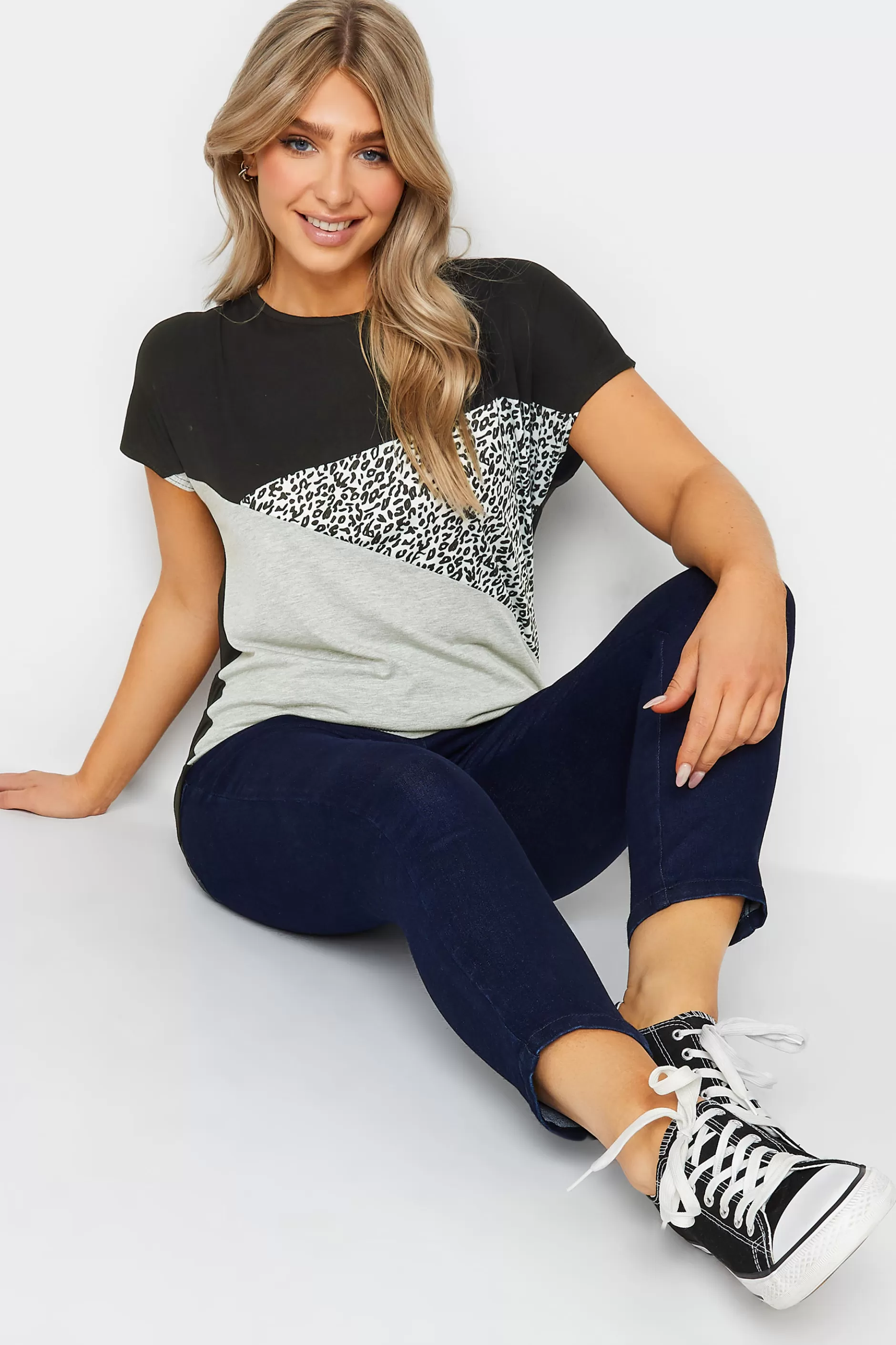 Women M&Co T-Shirts> Womens Black & Grey Leopard Print Colour Block Top