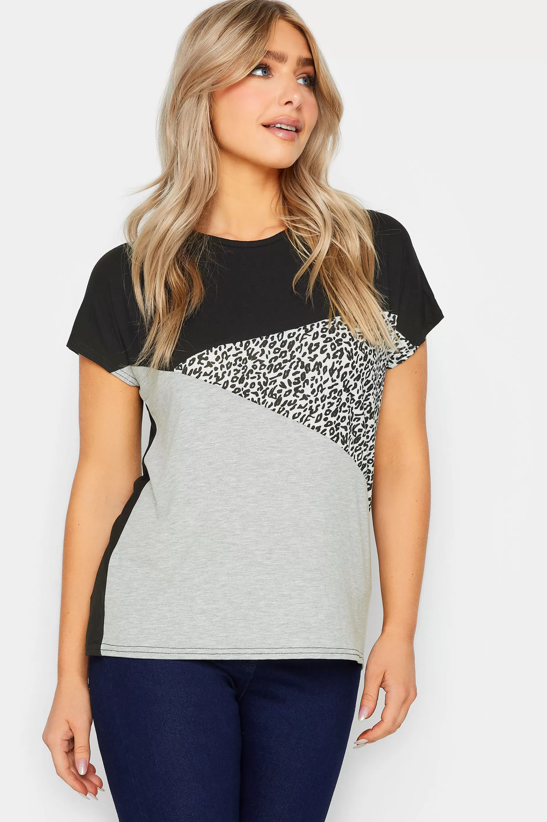 Women M&Co T-Shirts> Womens Black & Grey Leopard Print Colour Block Top