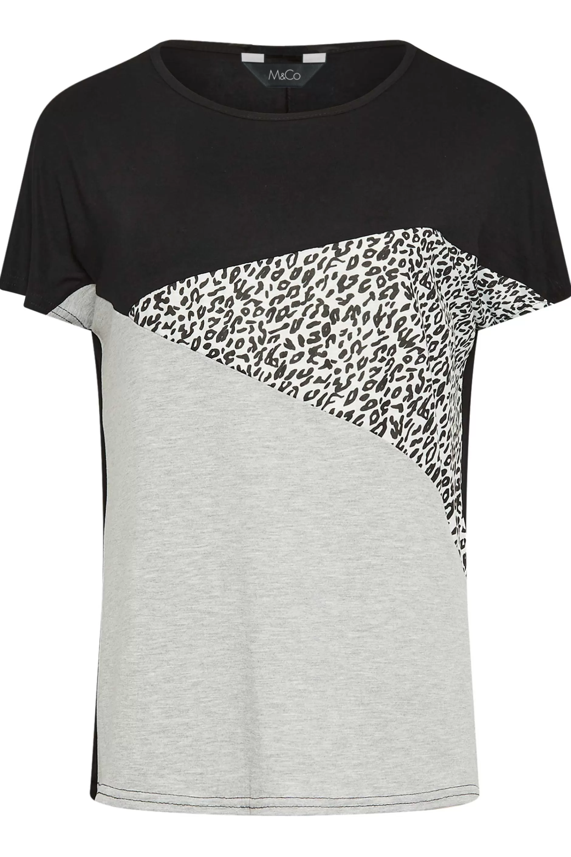 Women M&Co T-Shirts> Womens Black & Grey Leopard Print Colour Block Top