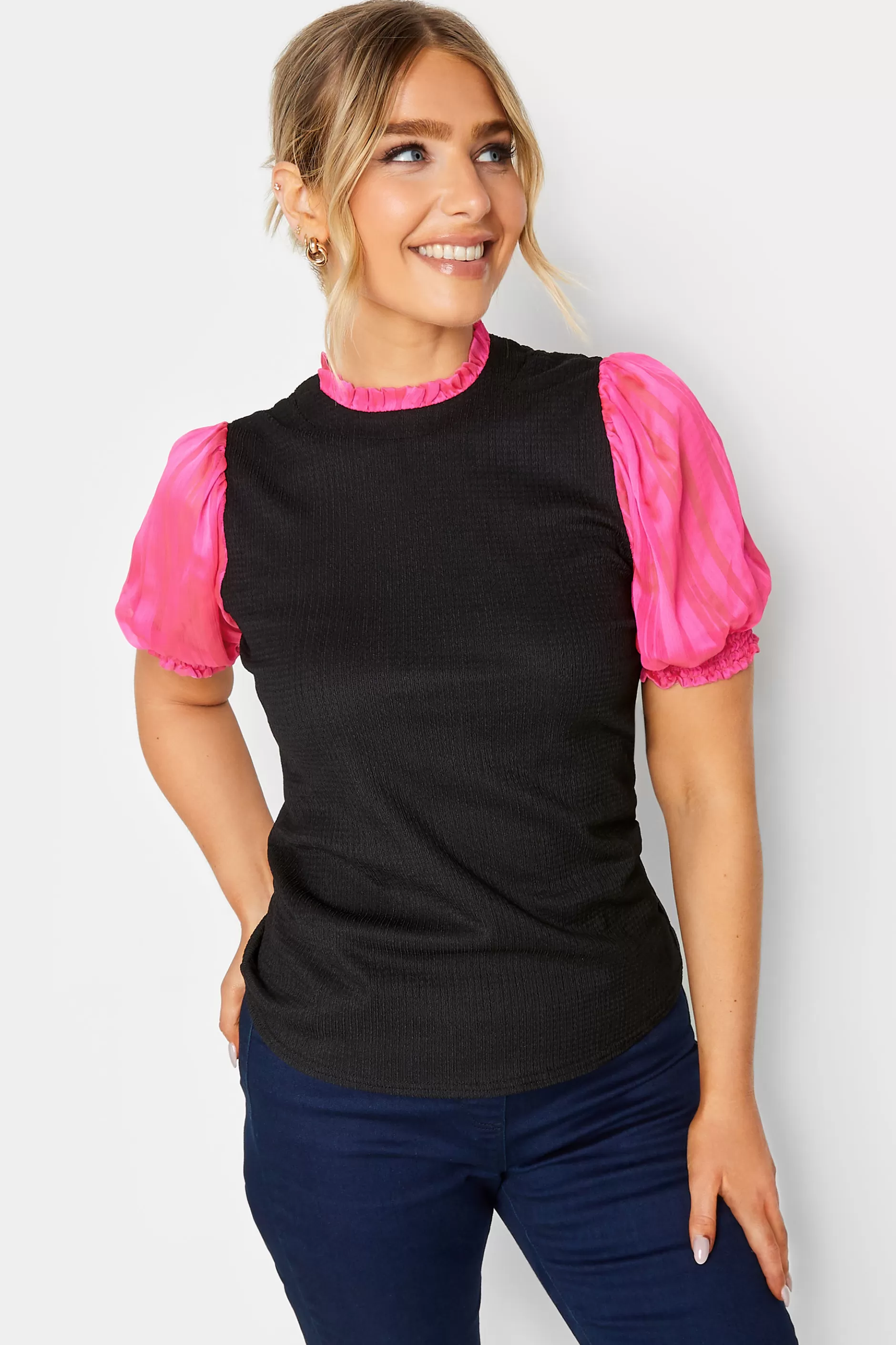 Women M&Co Short Sleeve Tops> Womens Black & Pink Contrast Sleeve Blouse