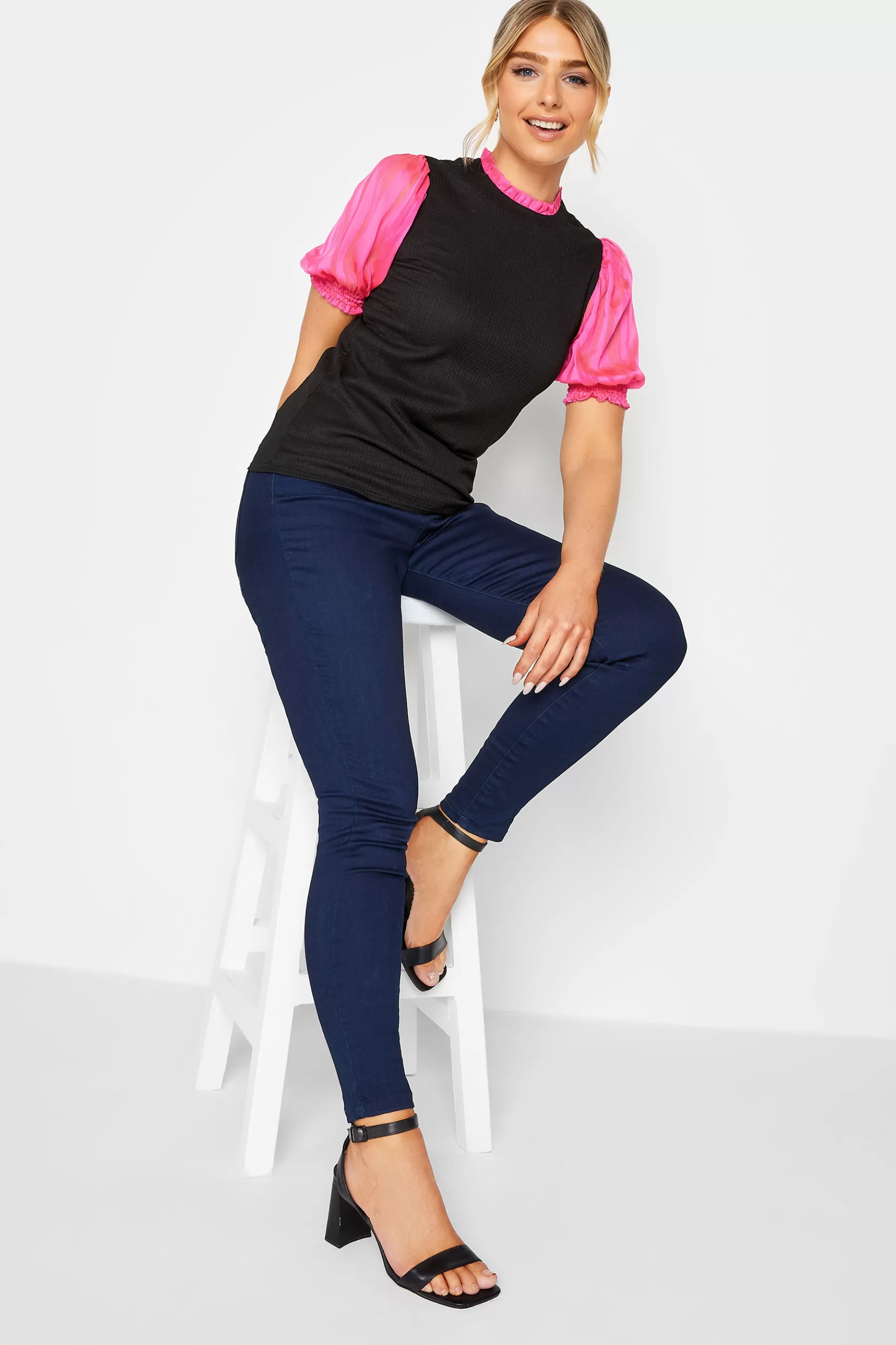 Women M&Co Short Sleeve Tops> Womens Black & Pink Contrast Sleeve Blouse